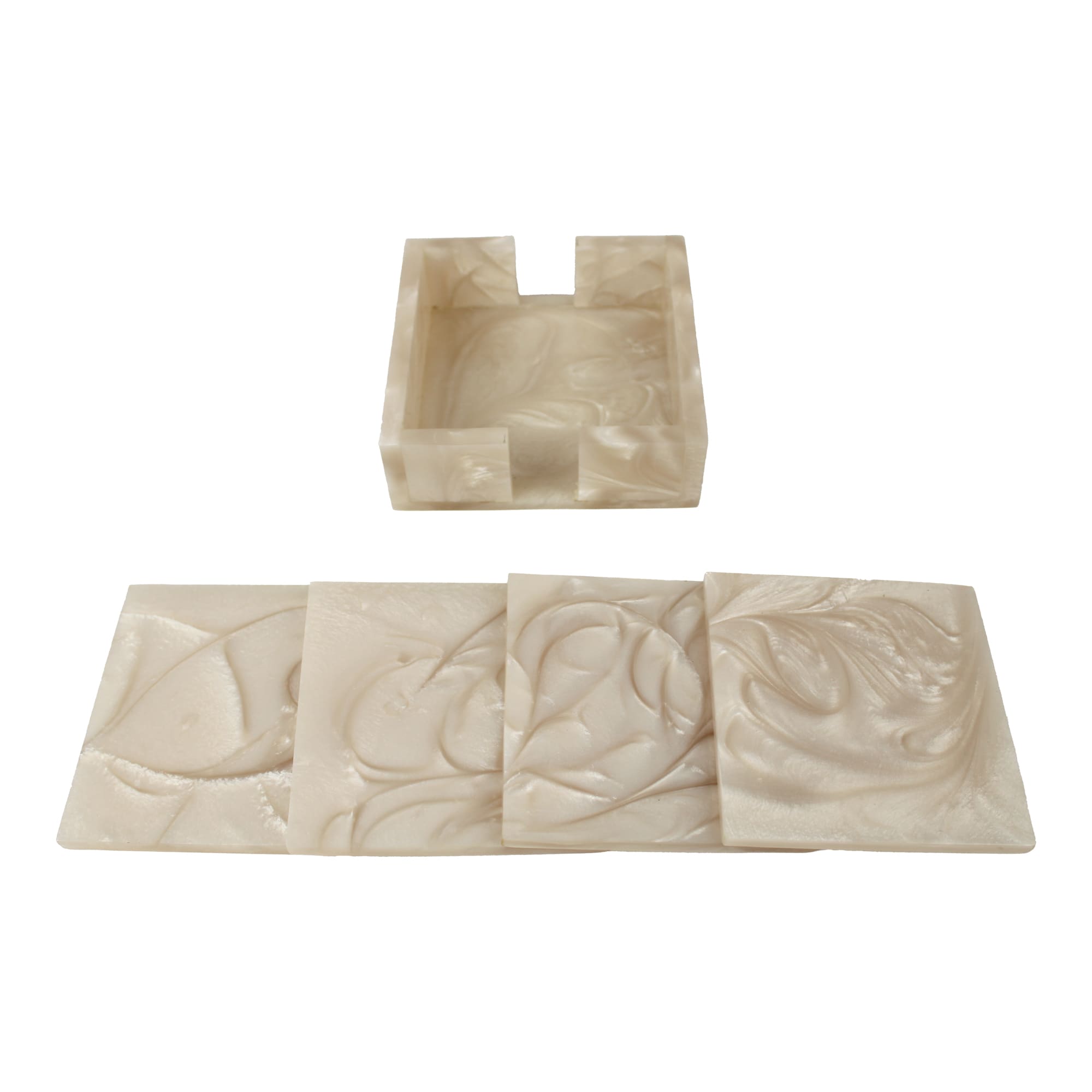 Beige Resin Coaster Set of Four with Caddy Tray