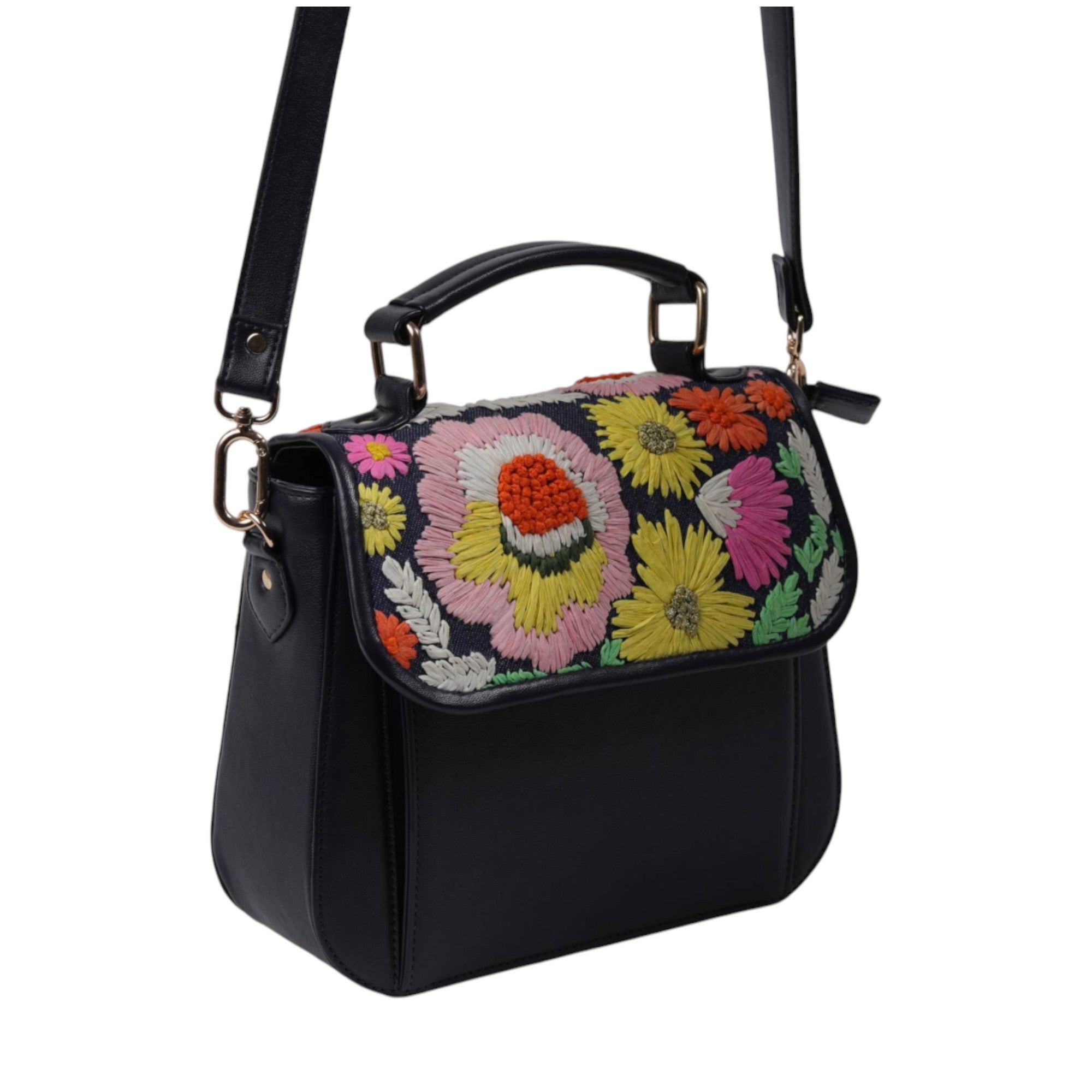 Hand Embroidered Handbag with Vibrant Floral Design