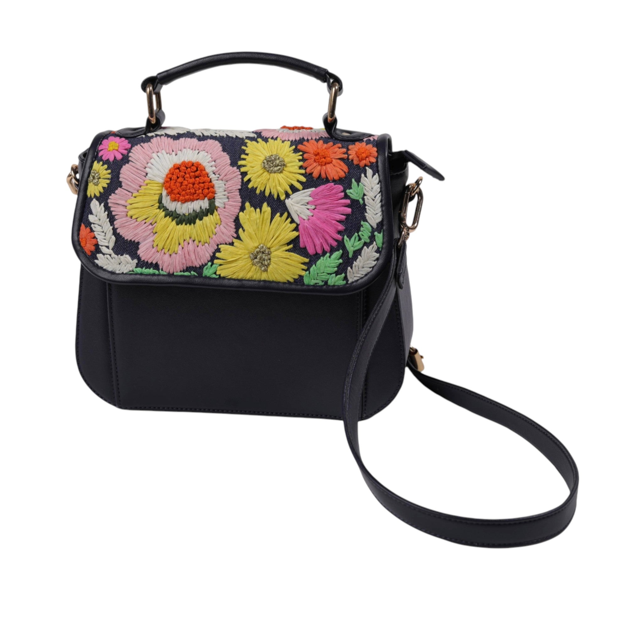 Hand Embroidered Handbag with Vibrant Floral Design