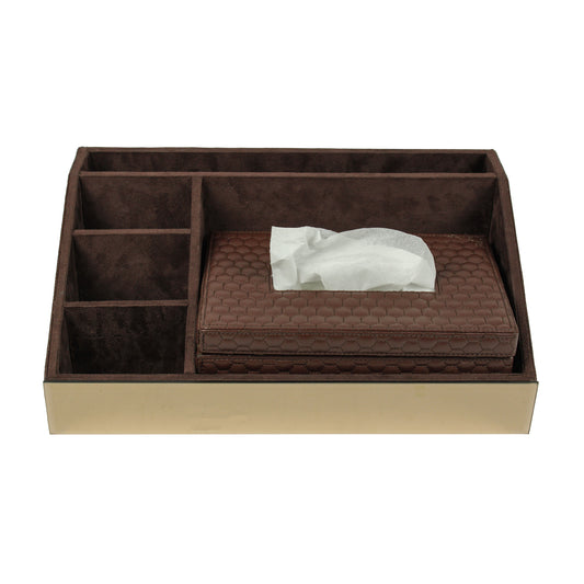 Brown Leatherette Desk Organizer With Tissue Box