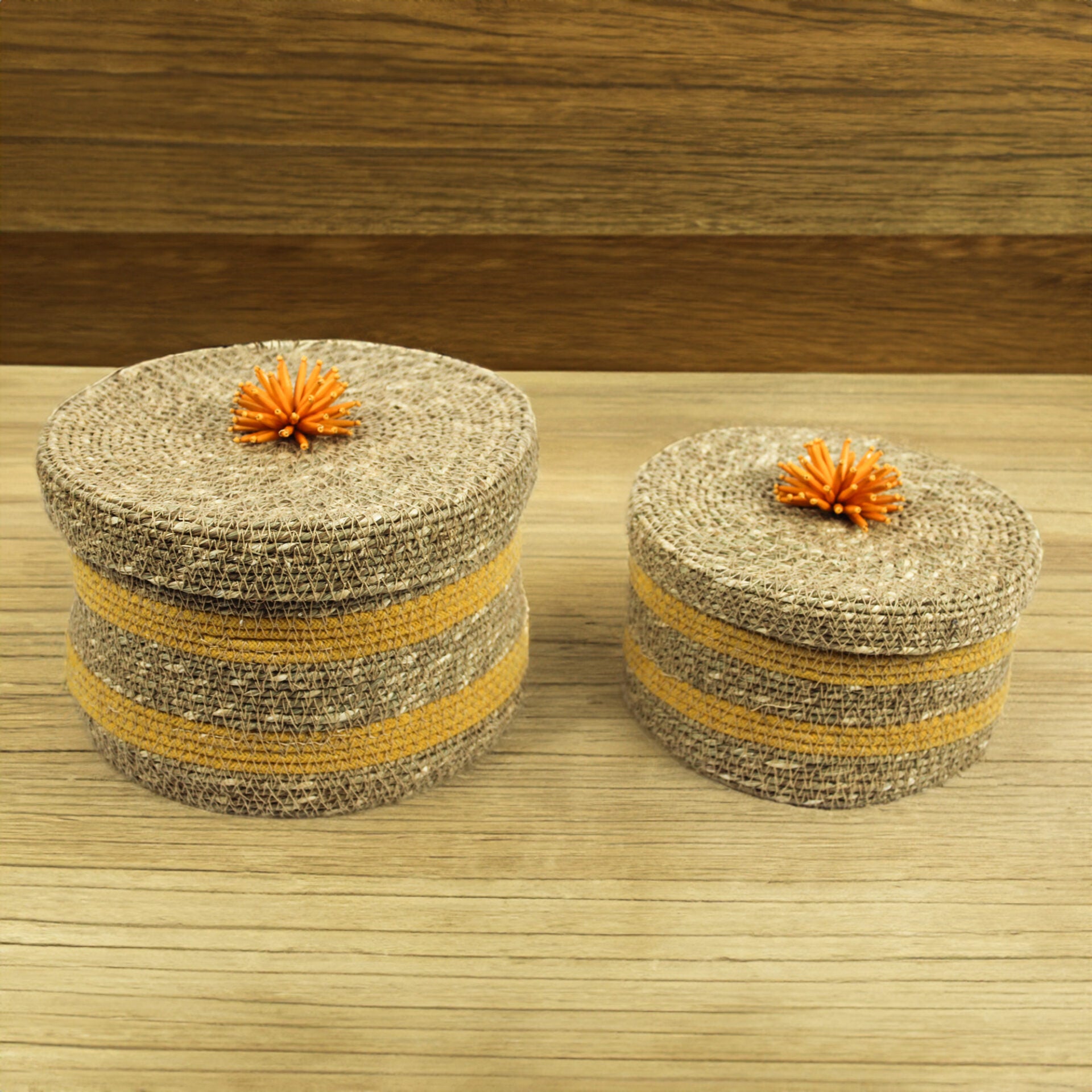 Set of 2 Orange Color Multipurpose Sea Grass Basket With Lid