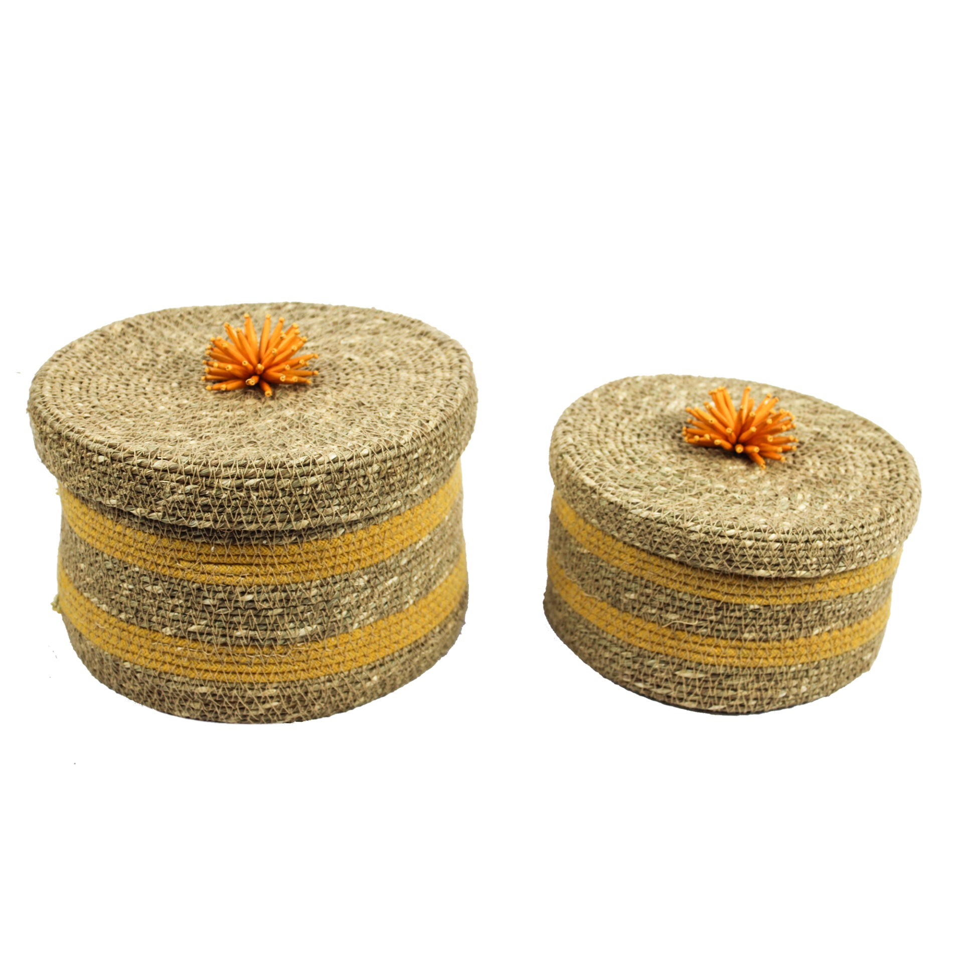 Set of 2 Orange Color Multipurpose Sea Grass Basket With Lid