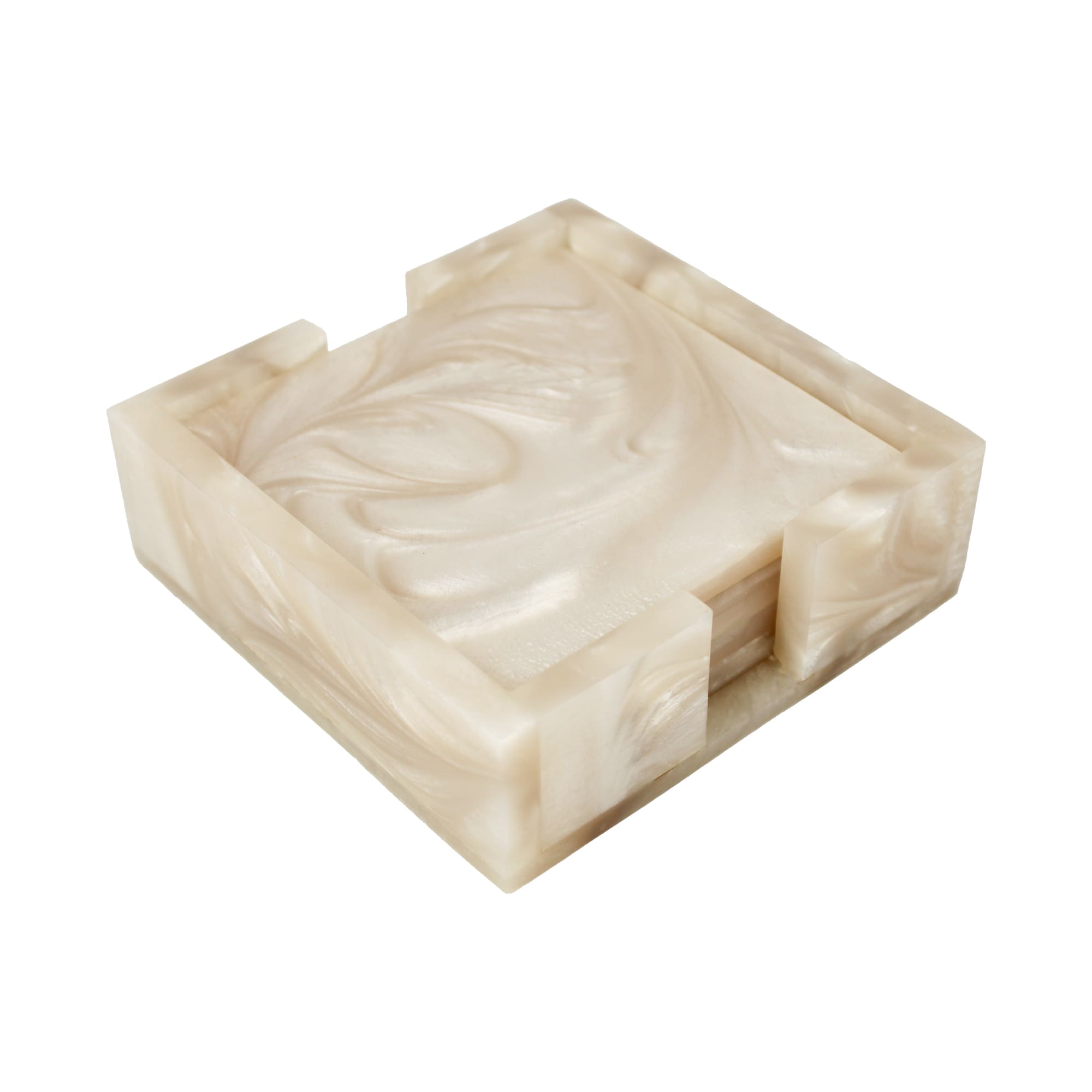 Beige Resin Coaster Set of Four with Caddy Tray
