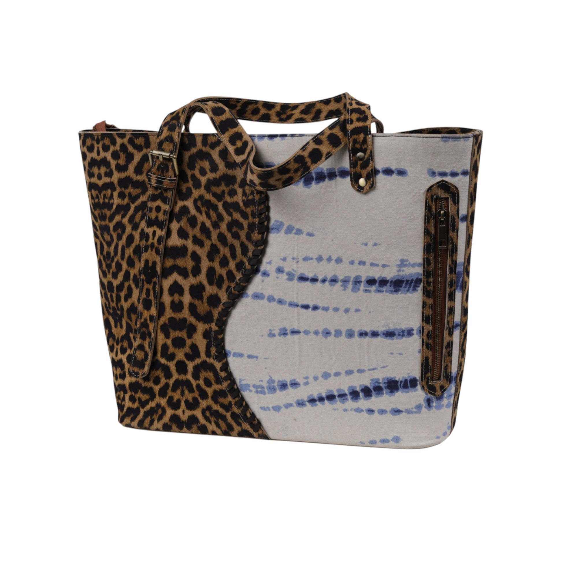 Genuine Leather Animal print with blue tie-dye canvas tote bag