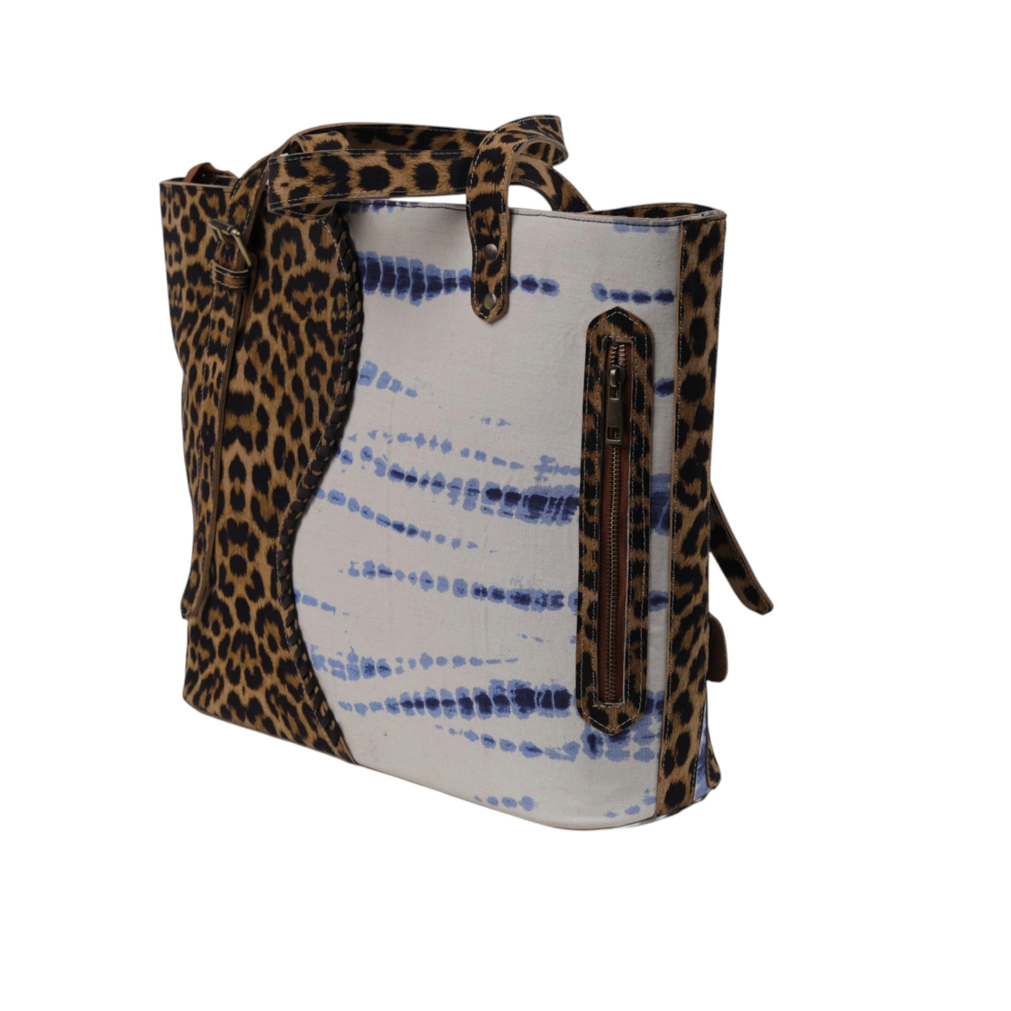 Genuine Leather Animal print with blue tie-dye canvas tote bag