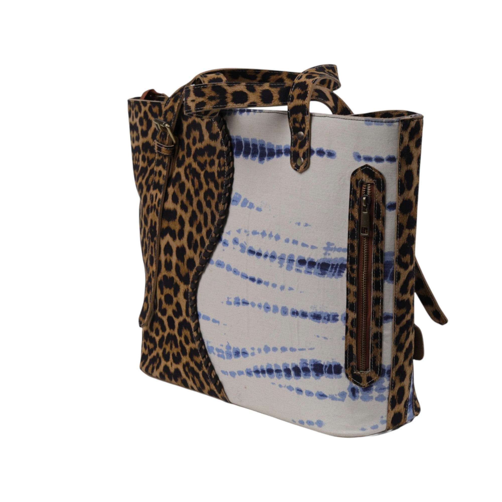 Genuine Leather Animal print with blue tie-dye canvas tote bag