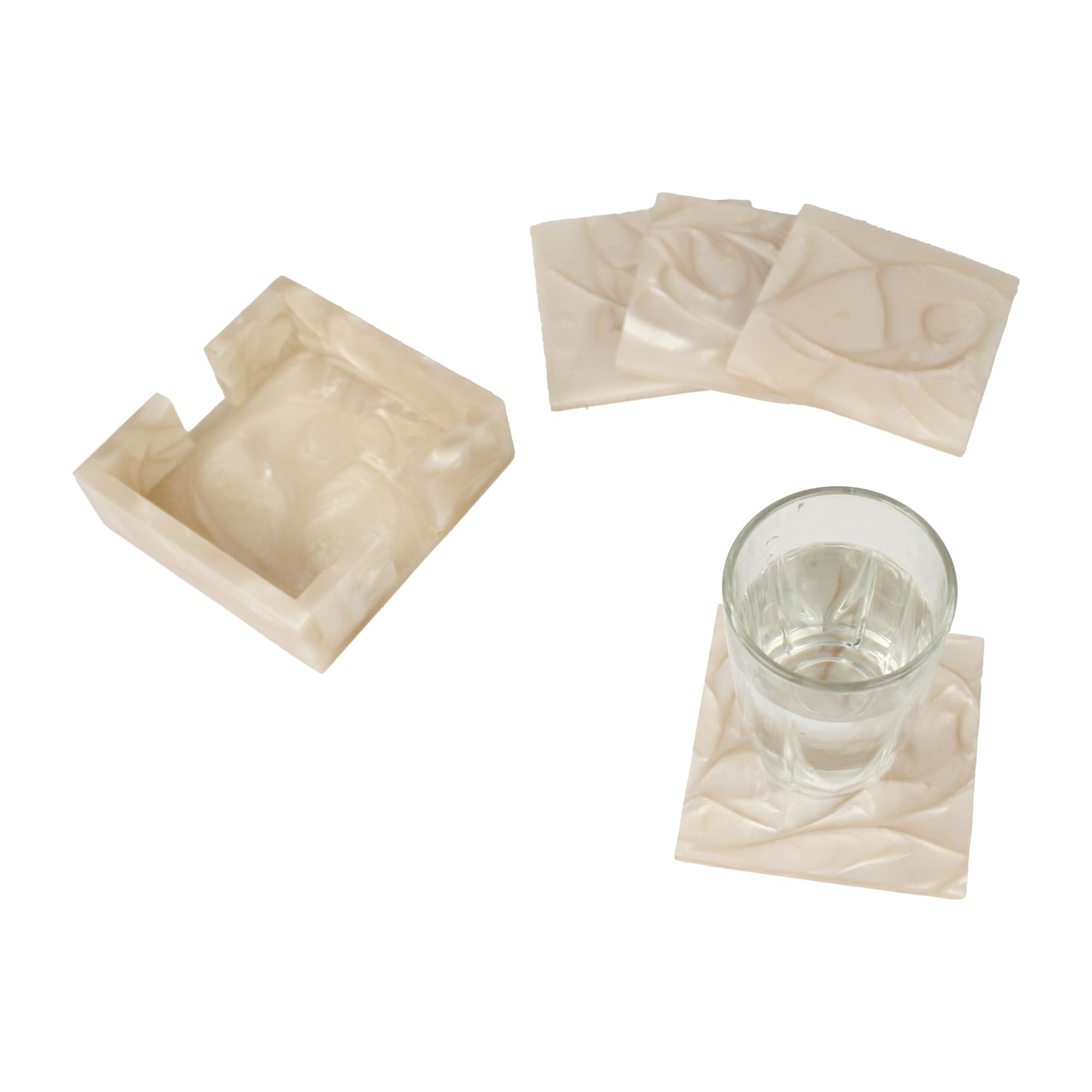 Beige Resin Coaster Set of Four with Caddy Tray