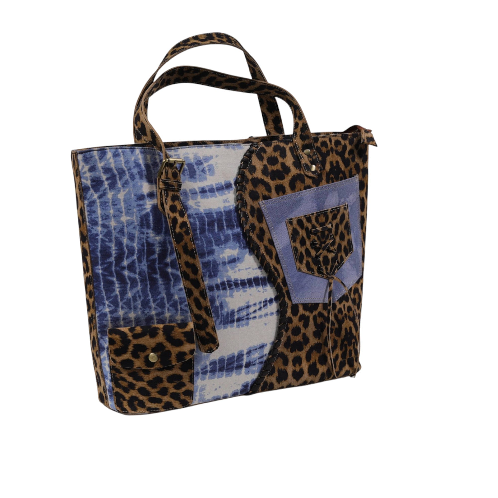 Genuine Leather Animal print with blue tie-dye canvas tote bag