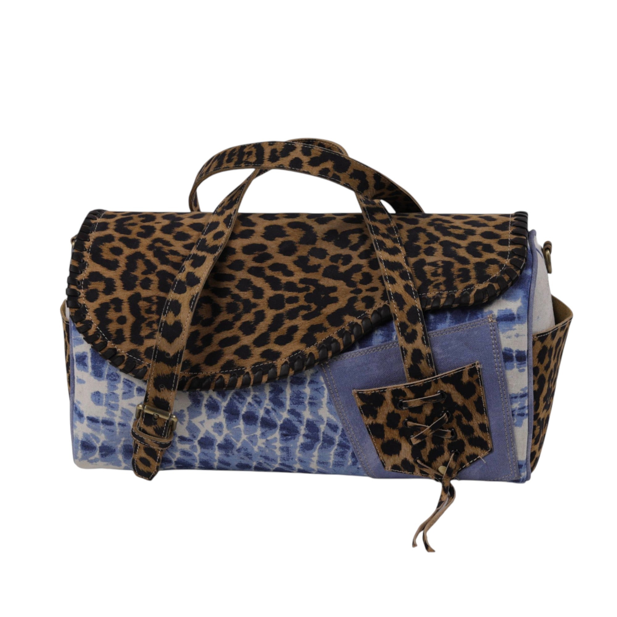 Genuine Leather Animal-Print and Blue Tie-Dye Canvas Duffle Shape Bag