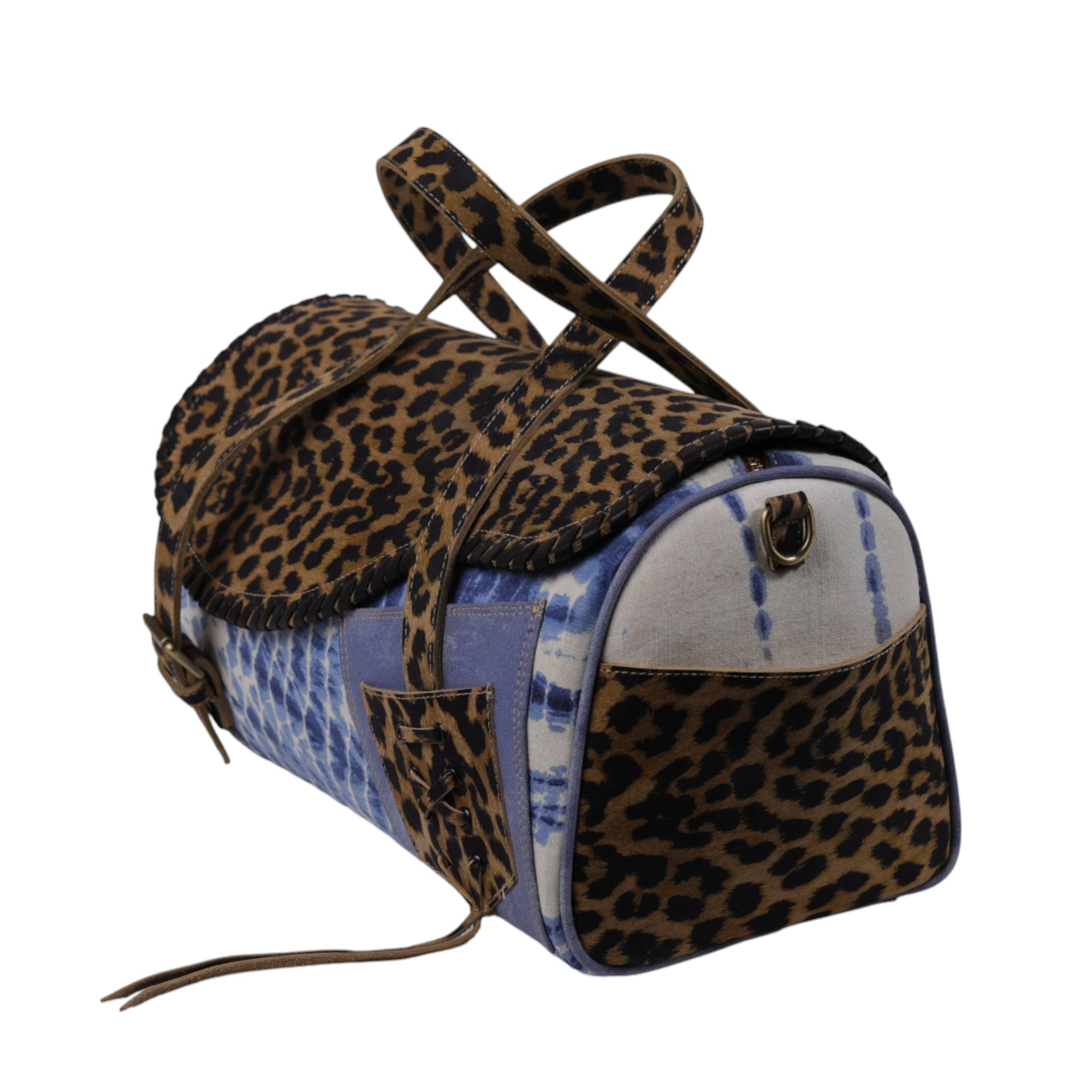 Genuine Leather Animal-Print and Blue Tie-Dye Canvas Duffle Shape Bag