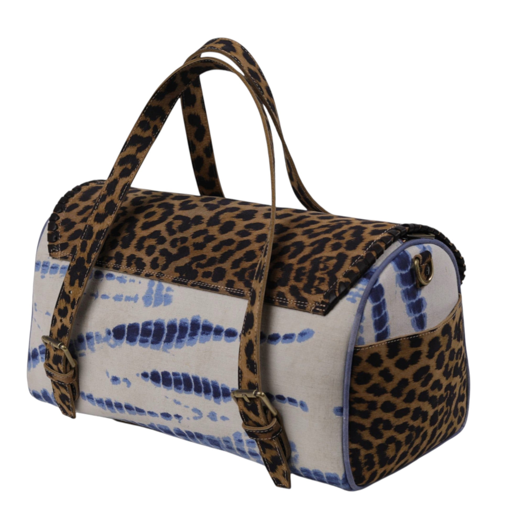 Genuine Leather Animal-Print and Blue Tie-Dye Canvas Duffle Shape Bag