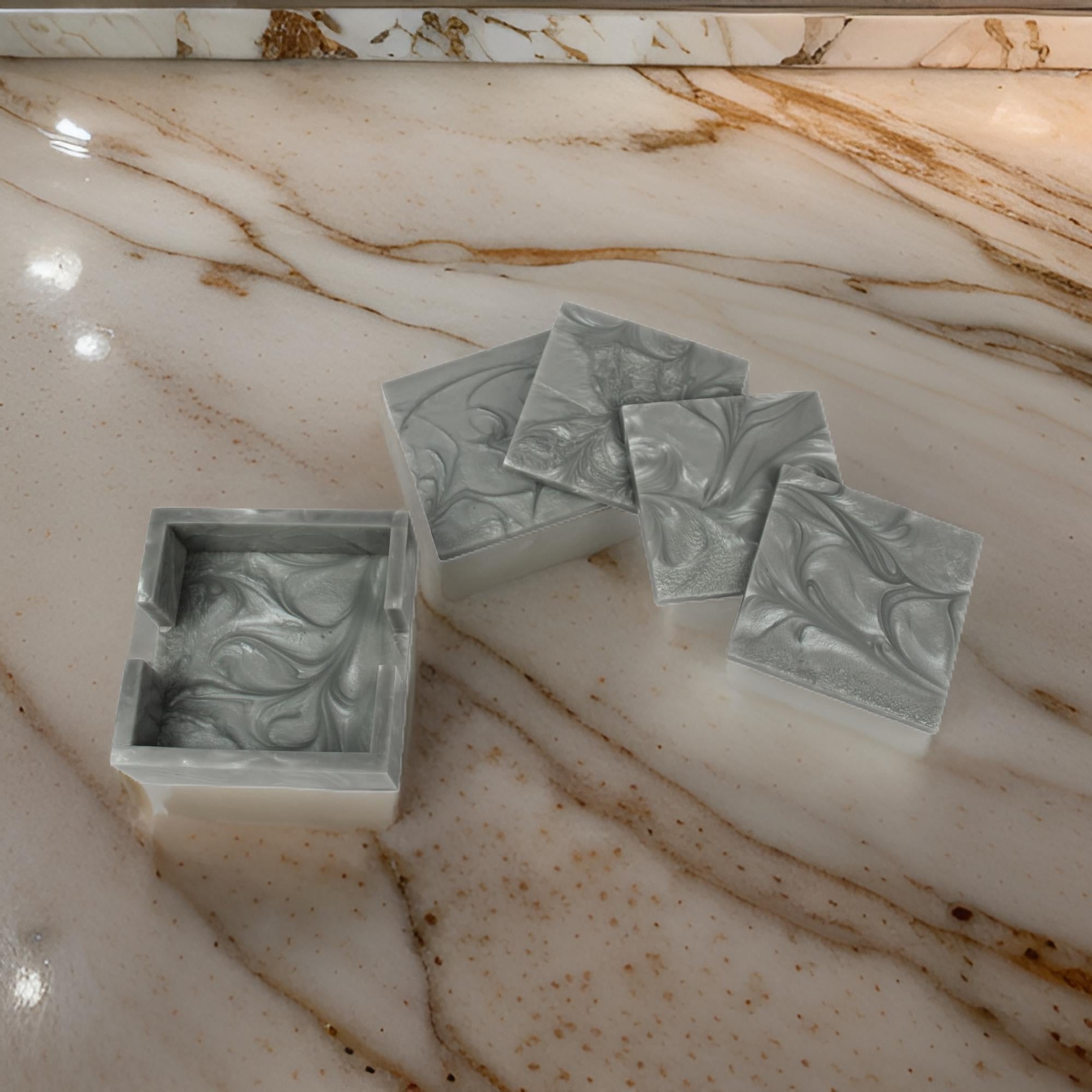 Grey Resin Coaster Set of Four with Caddy Tray