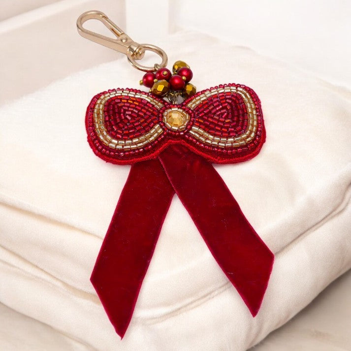 Red Bow Shaped Hand Embroidered Bag Charm for Valentine's Day