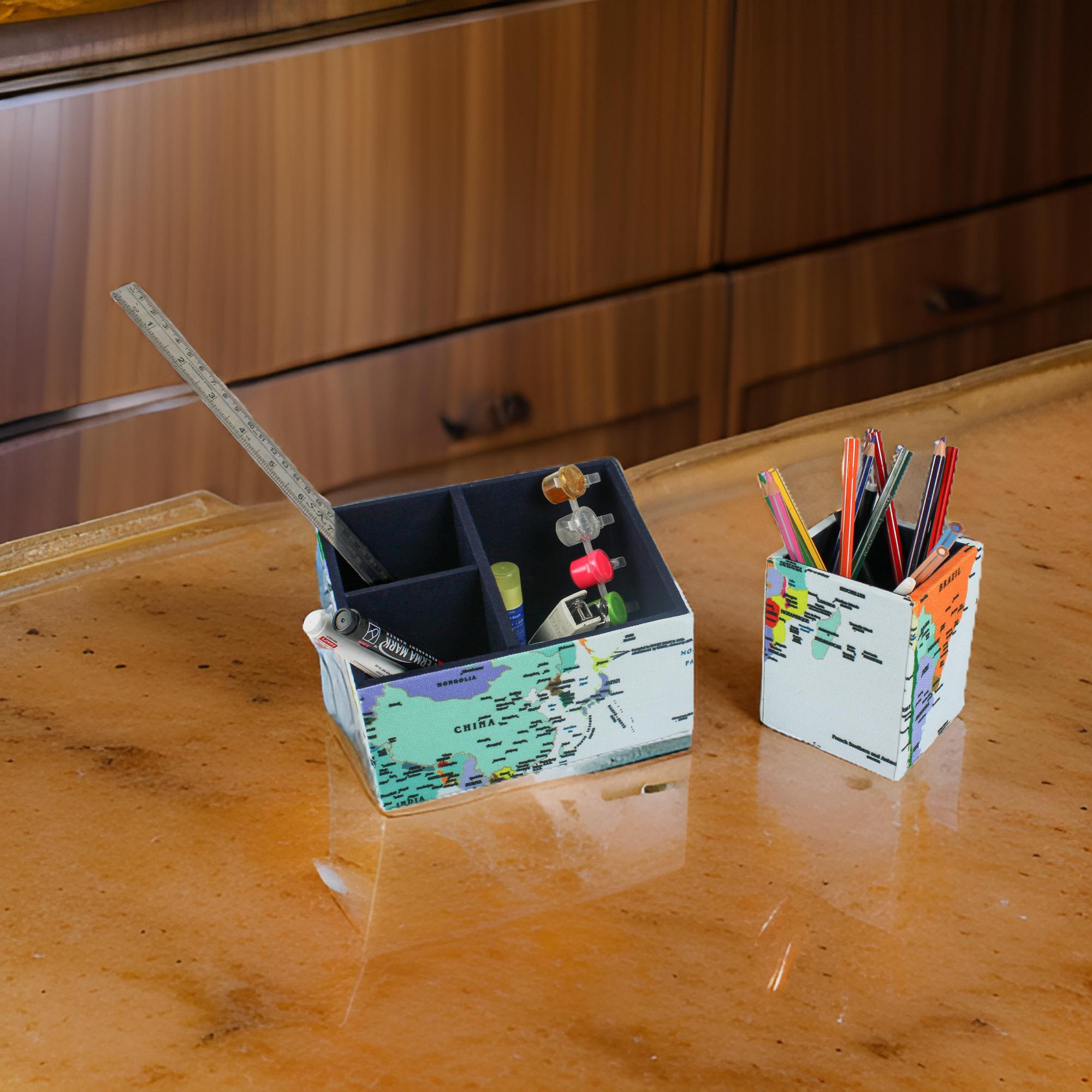 World Map Design Stationary Organizer & Pen Holder (Set of 2)