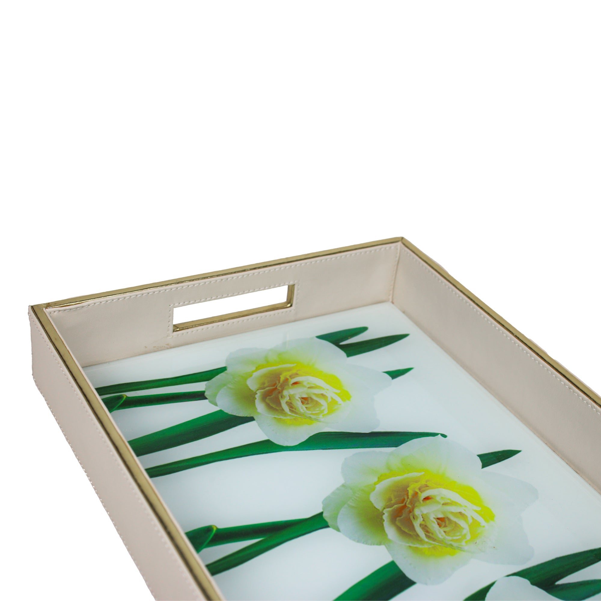 Rose Flower printed Glass and Leatherite Serving Tray