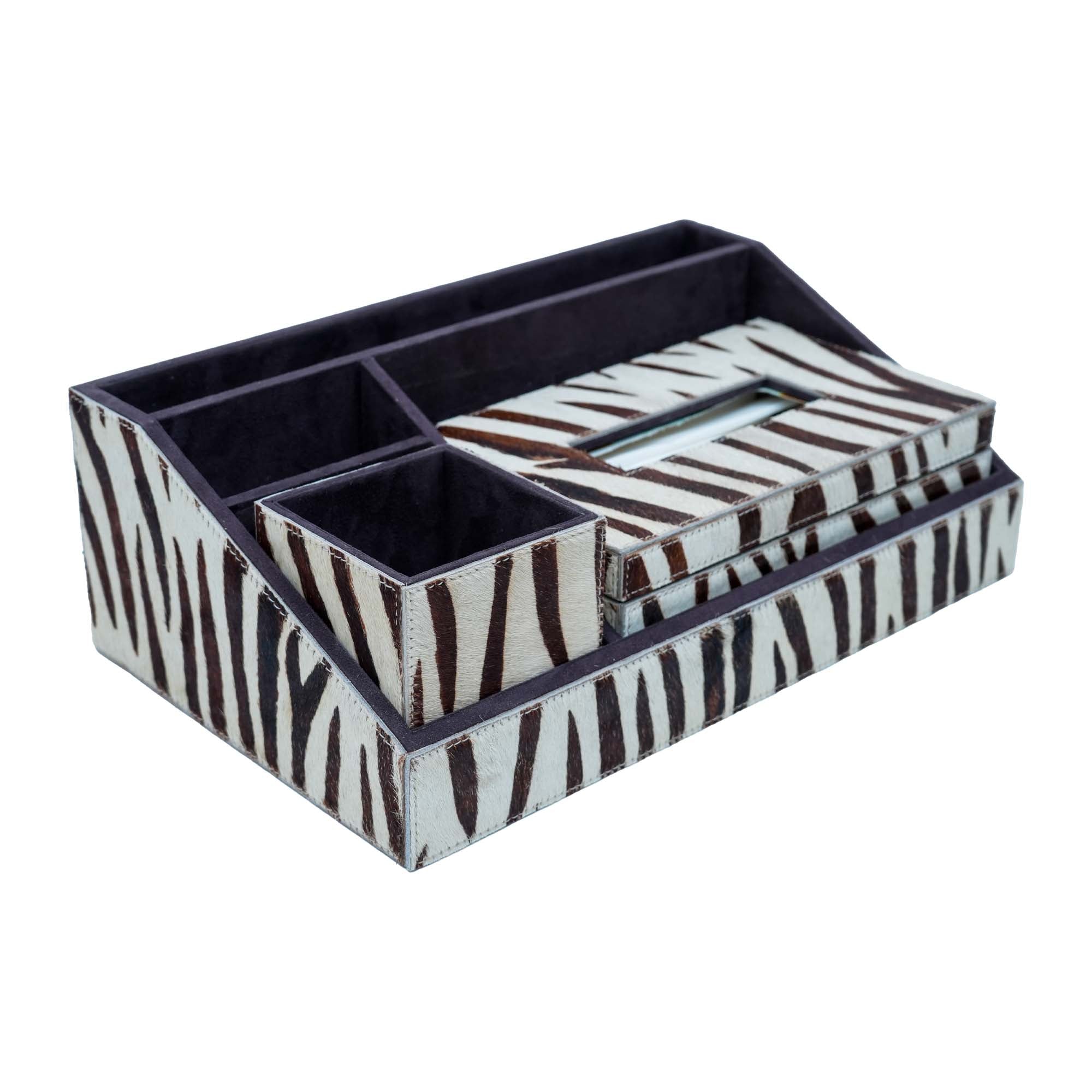 Premium White Brown Printed Stationery Desk Organizer With Tissue Box