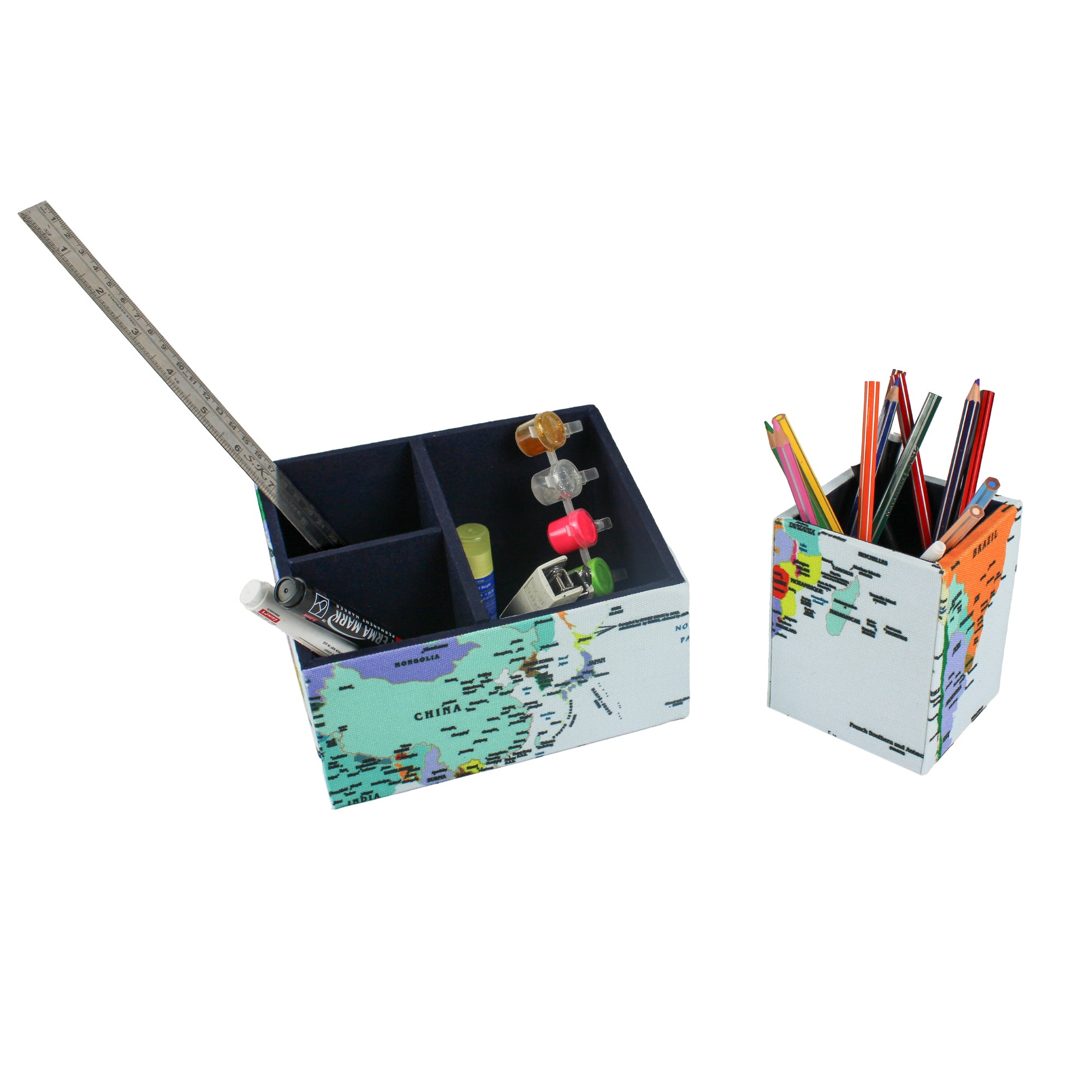 World Map Design Stationary Organizer & Pen Holder (Set of 2)
