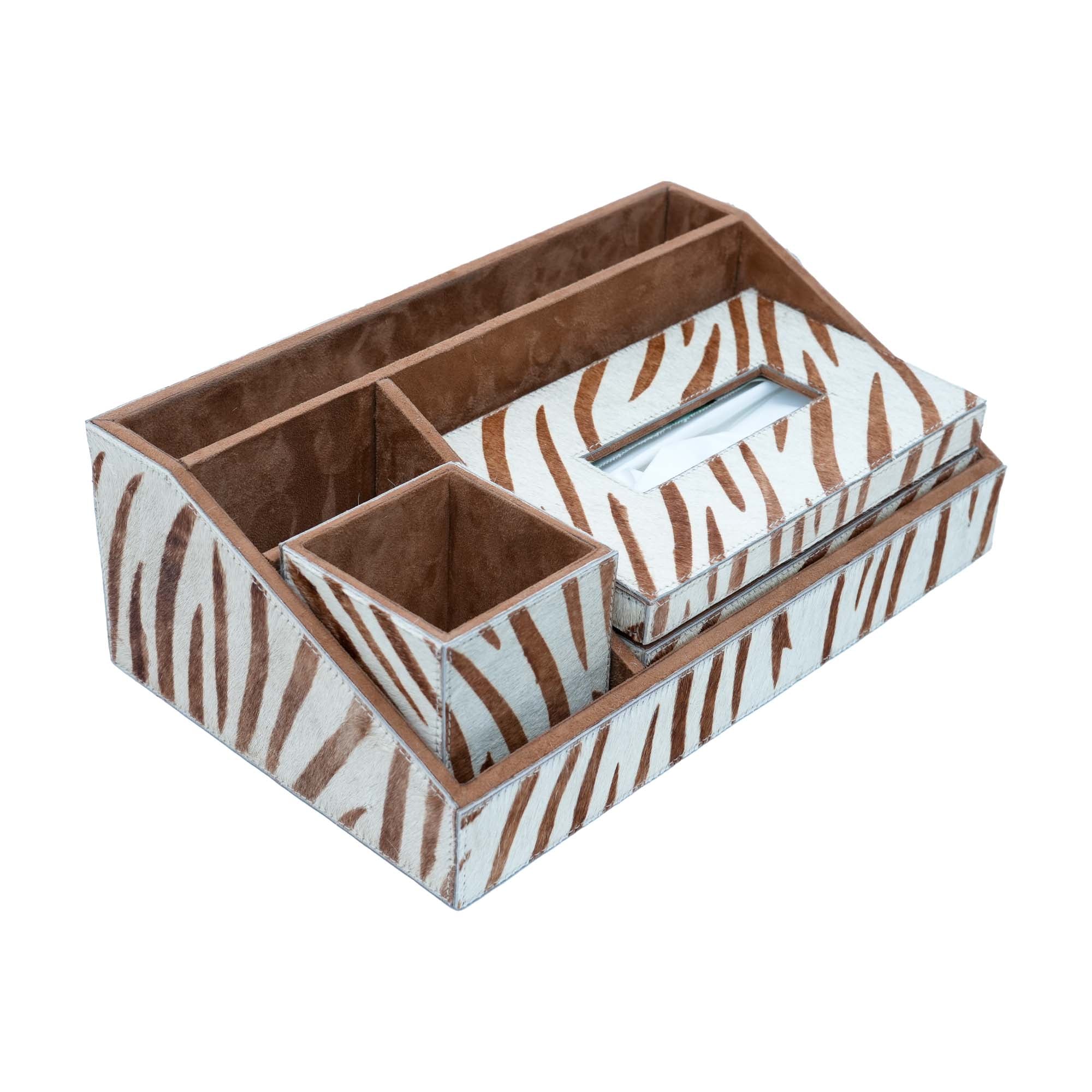 Premium Brown White Stationery Desk Organizer With Tissue Box