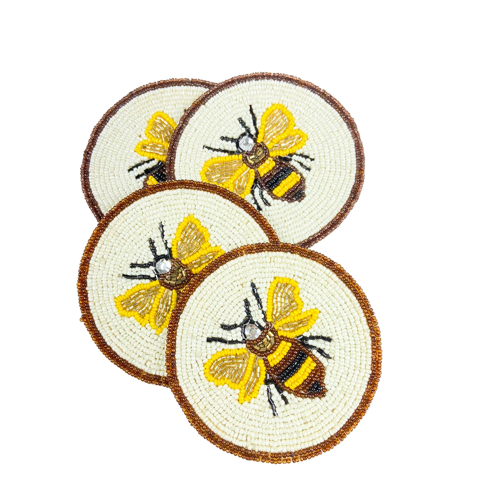 Beaded Embroidered Honey Bee Design Coaster Set of Four