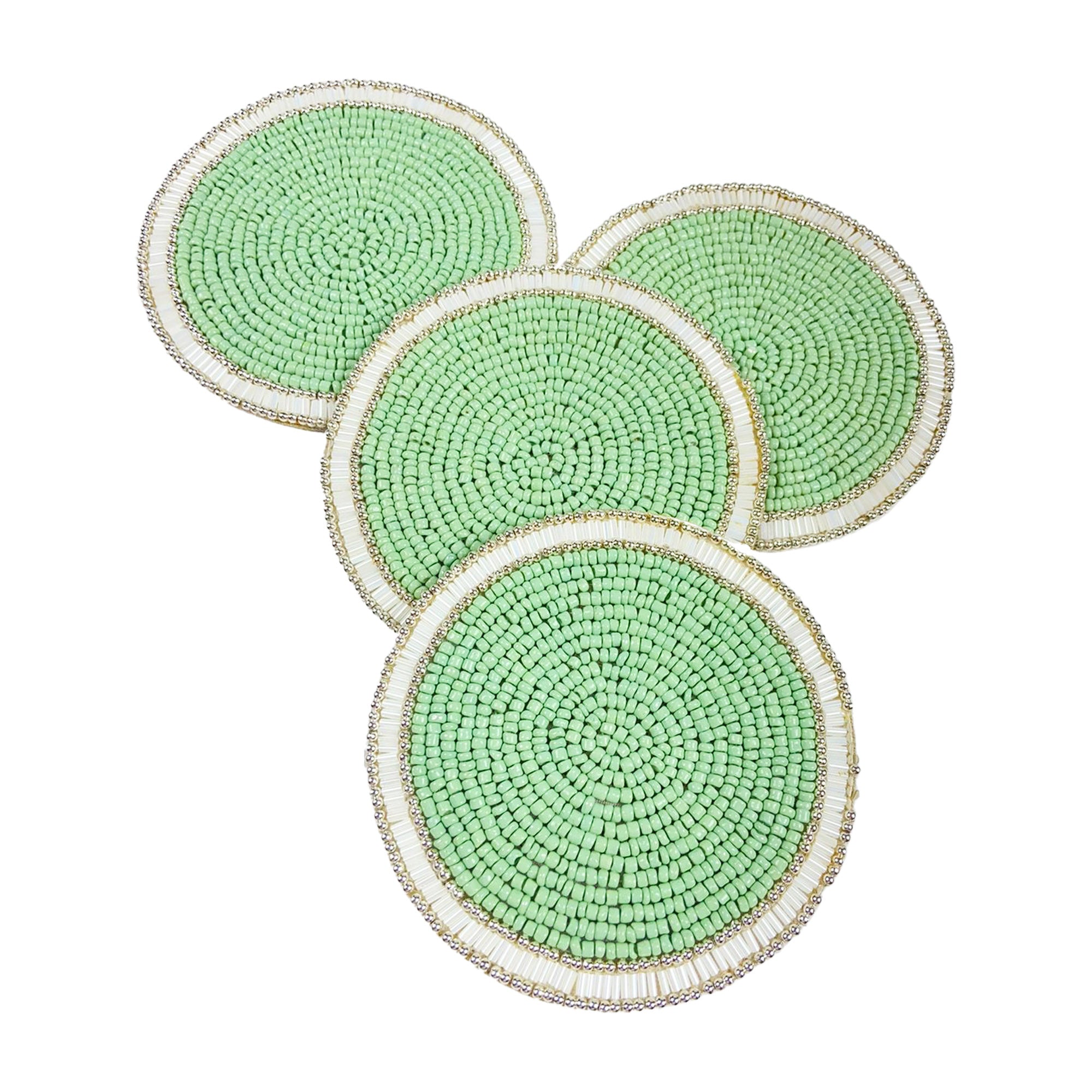 Sea Green / White & Gold Glass Bead Embroidered Coaster Set of Four