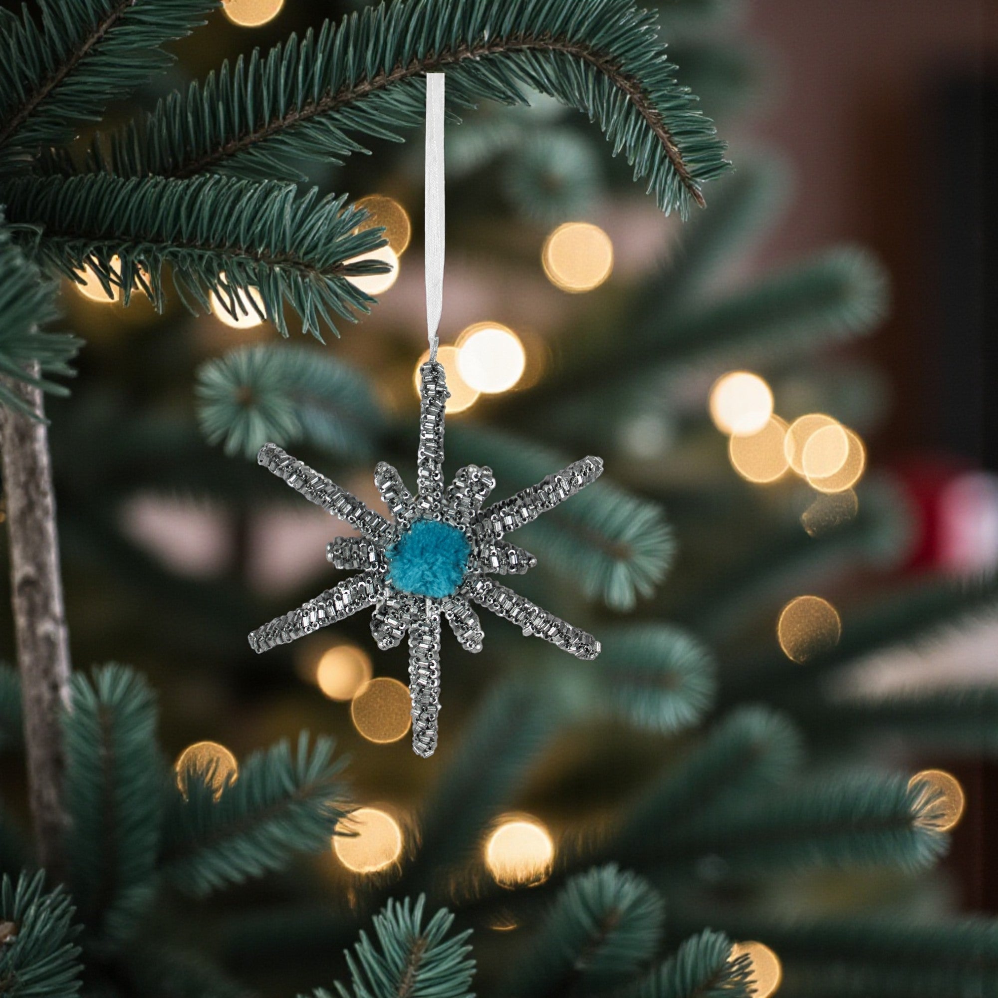  Set of 3 Silver Color Beaded Snowflake Shaped Christmas Ornaments 