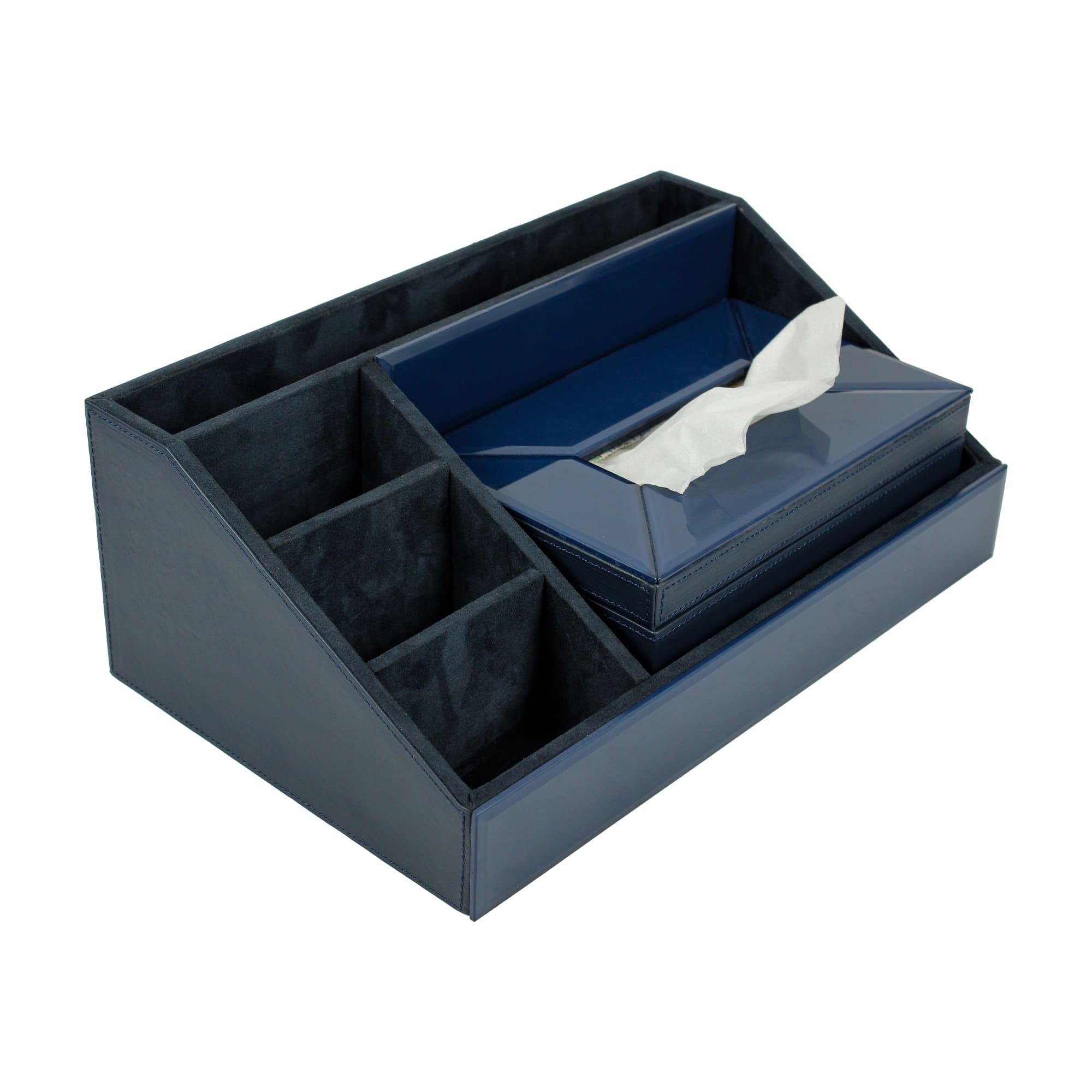 Premium Blue Leatherite Stationery Desk Organizer With Tissue Box