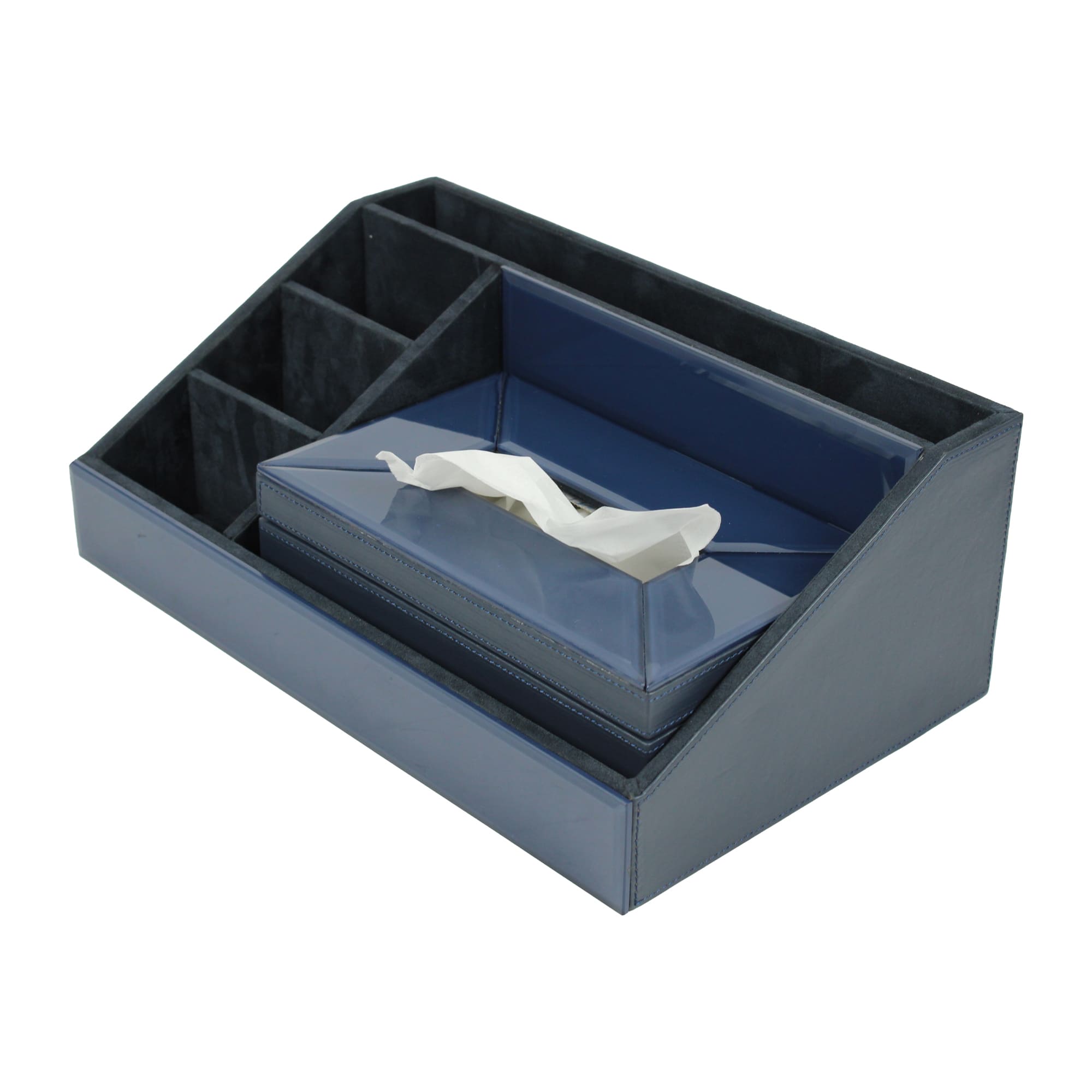 Premium Blue Leatherite Stationery Desk Organizer With Tissue Box