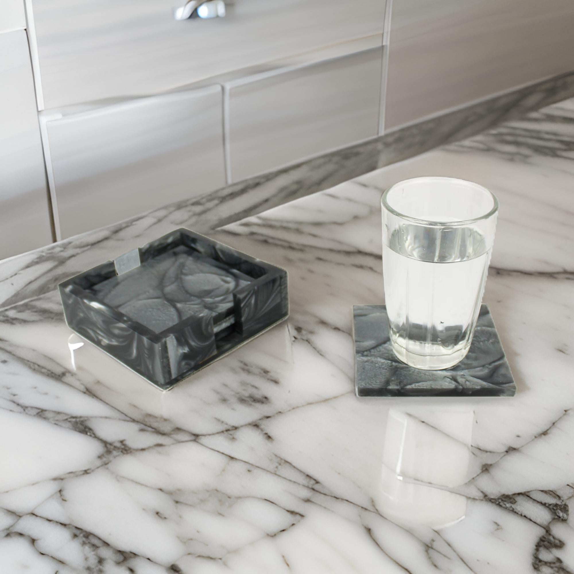 Black Resin Coaster set of Four with Caddy Tray