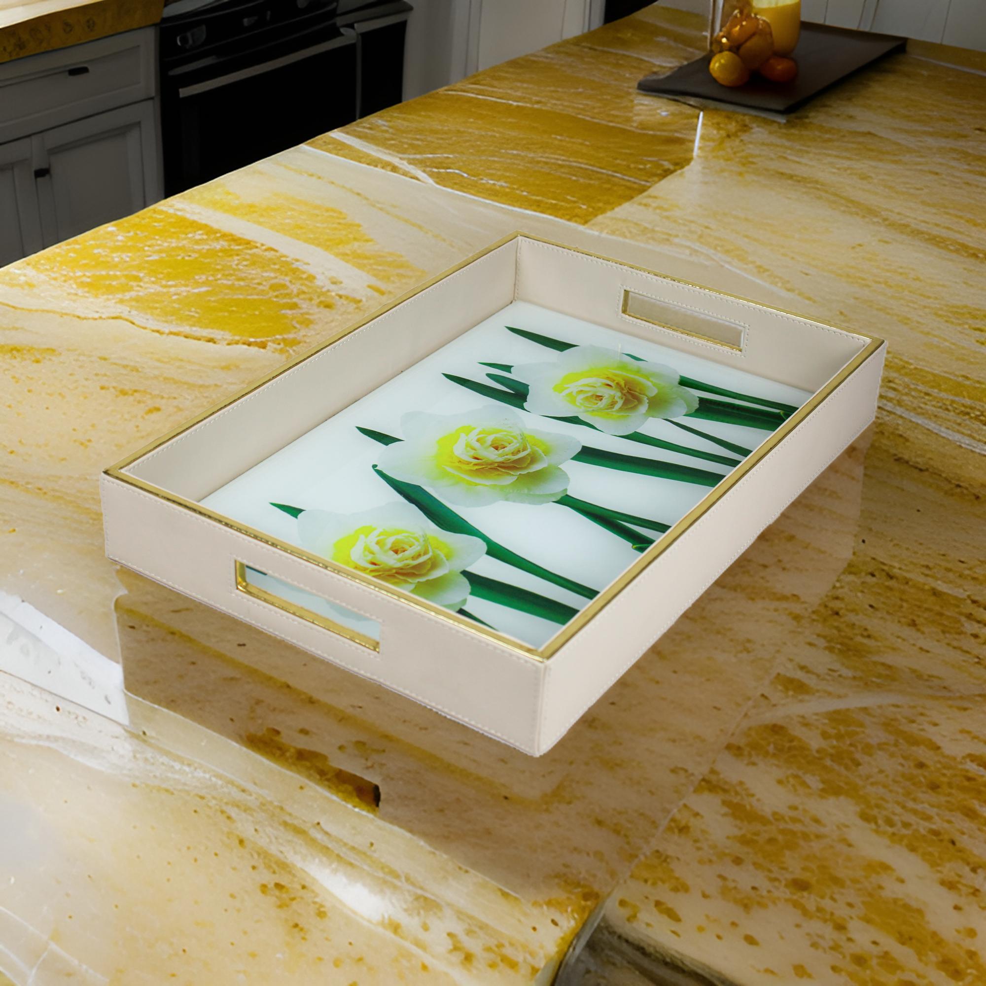 Rose Flower printed Glass and Leatherite Serving Tray