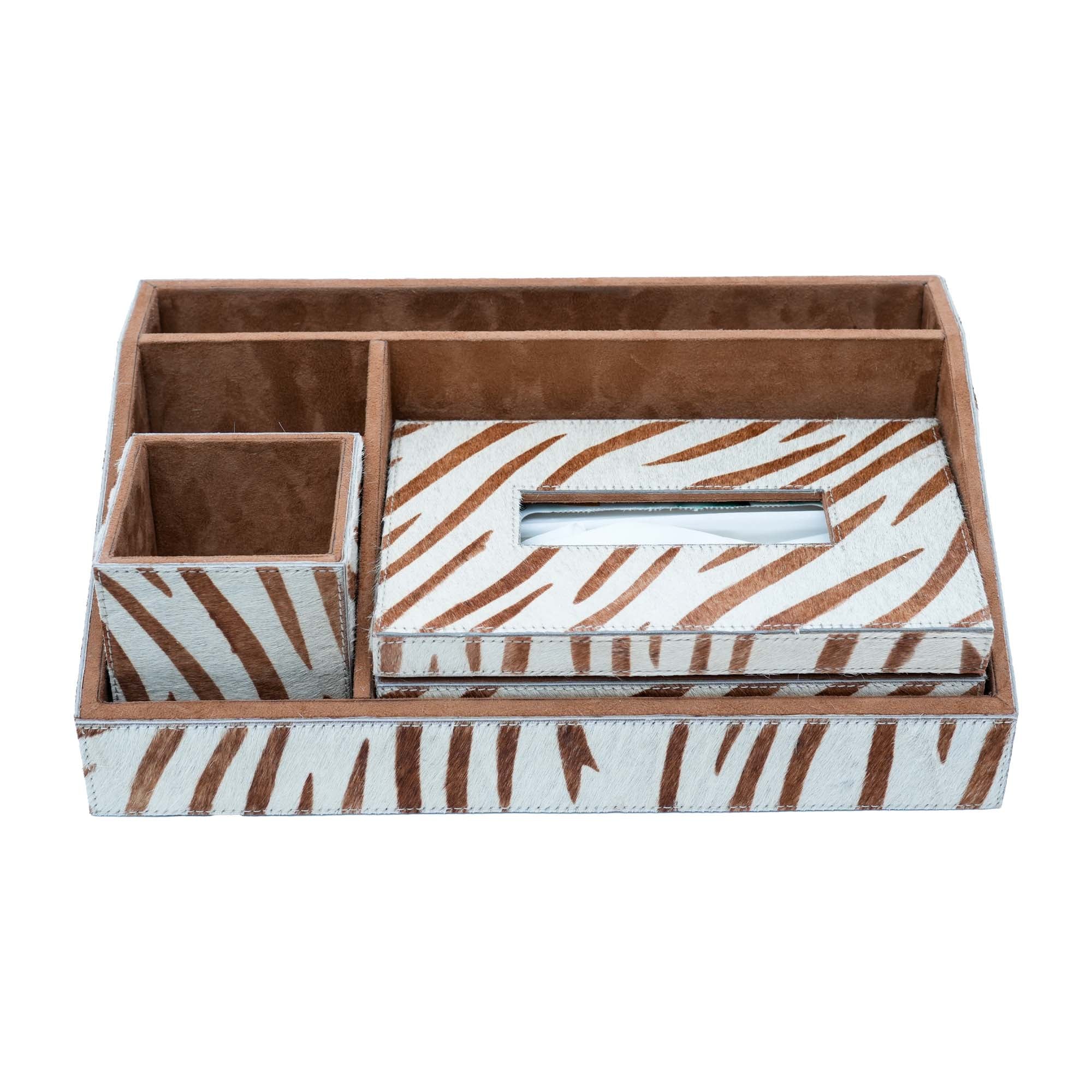 Premium Brown White Stationery Desk Organizer With Tissue Box