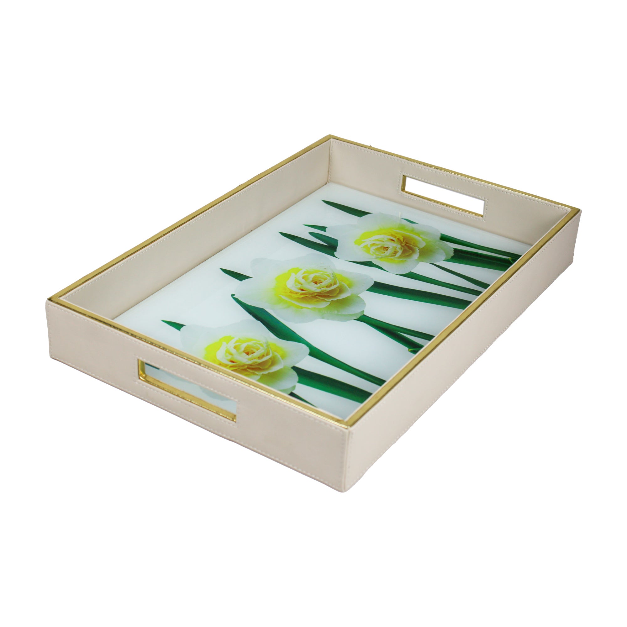 Rose Flower printed Glass and Leatherite Serving Tray