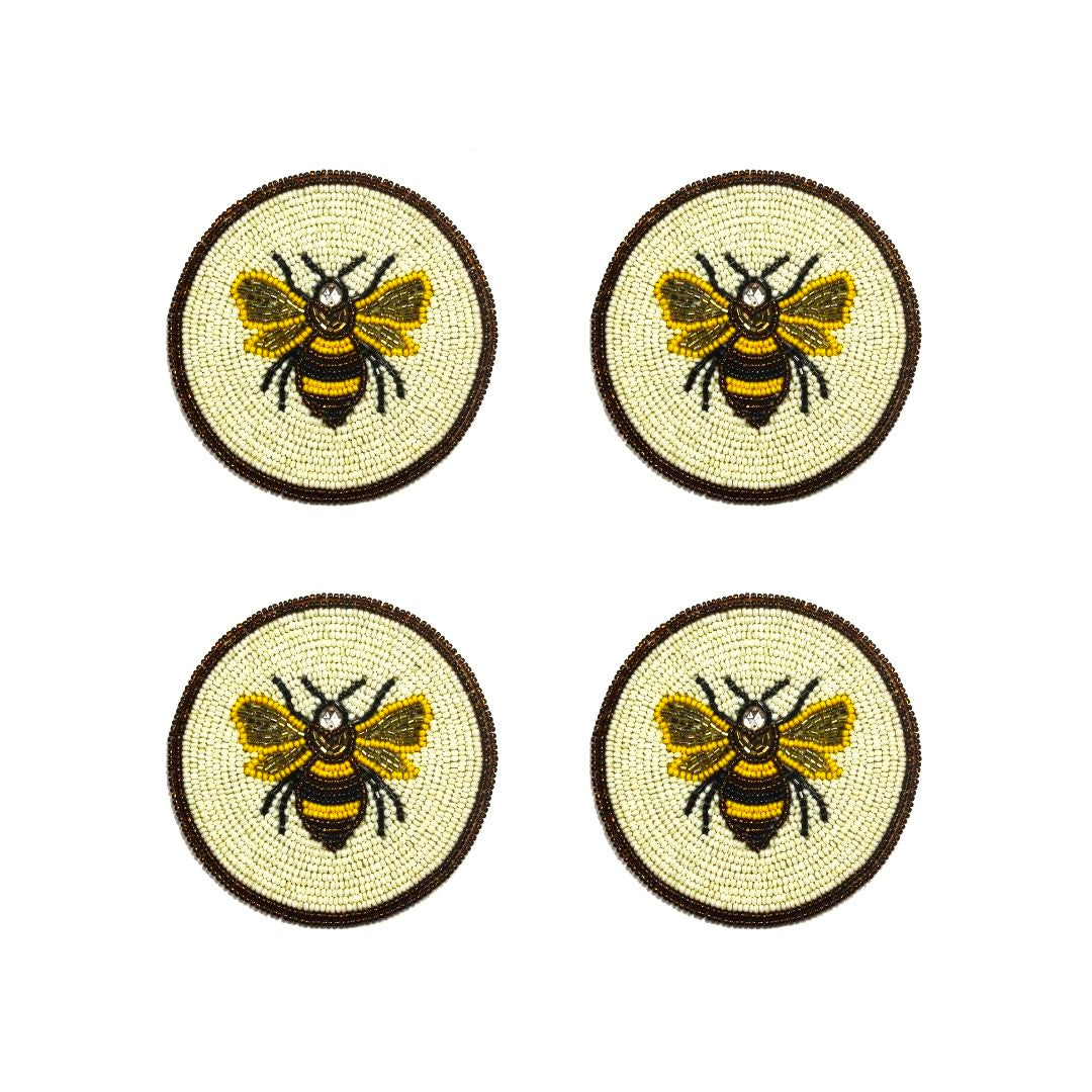 Beaded Embroidered Honey Bee Design Coaster Set of Four