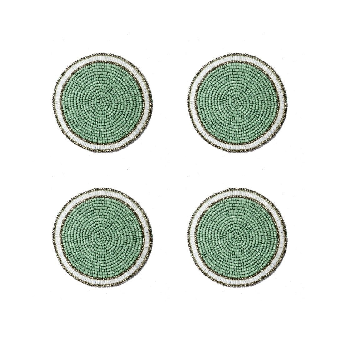 Sea Green / White & Golden Glass Bead Embroidered Coaster Set of Four
