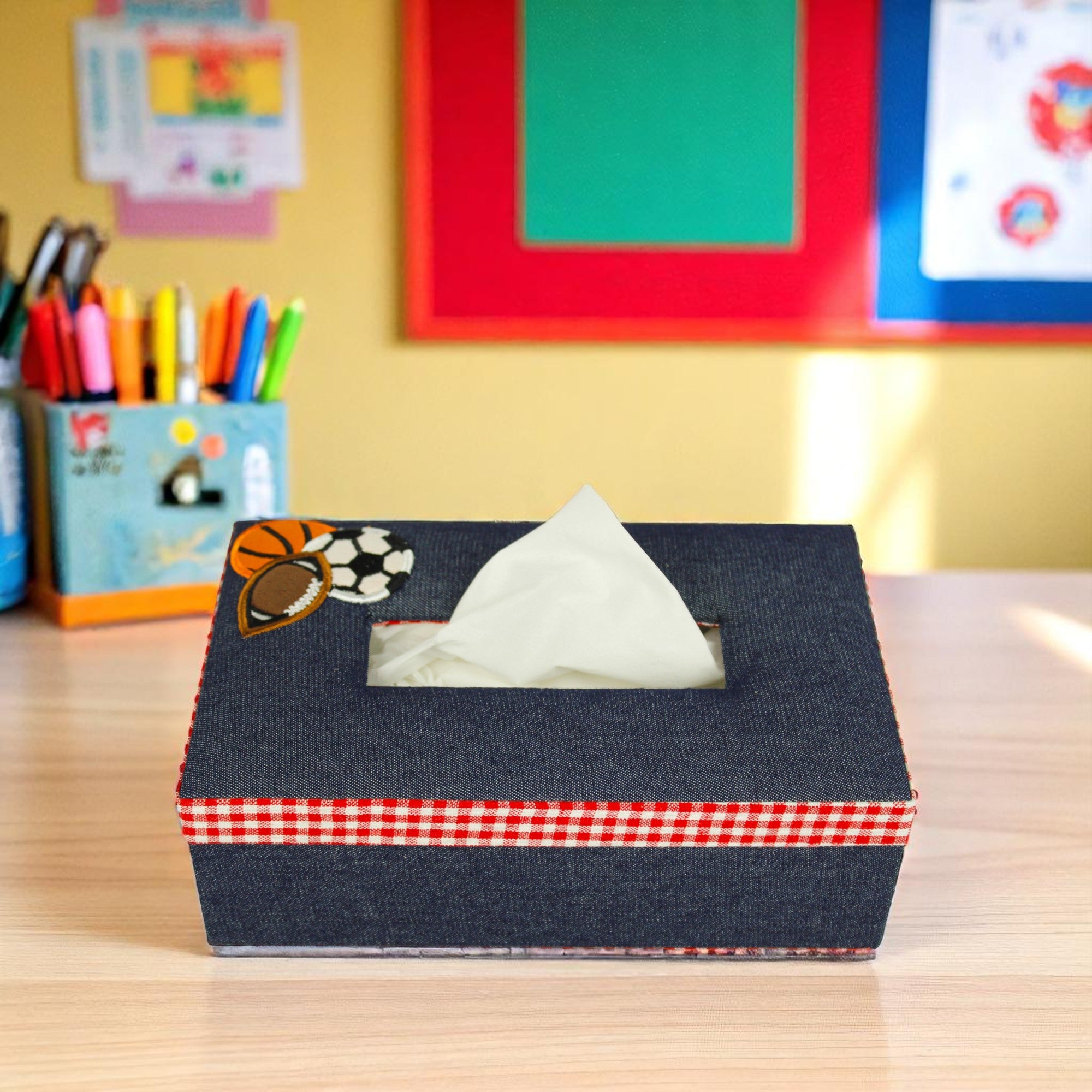Decorative Tissue Box with Quilted Football Design