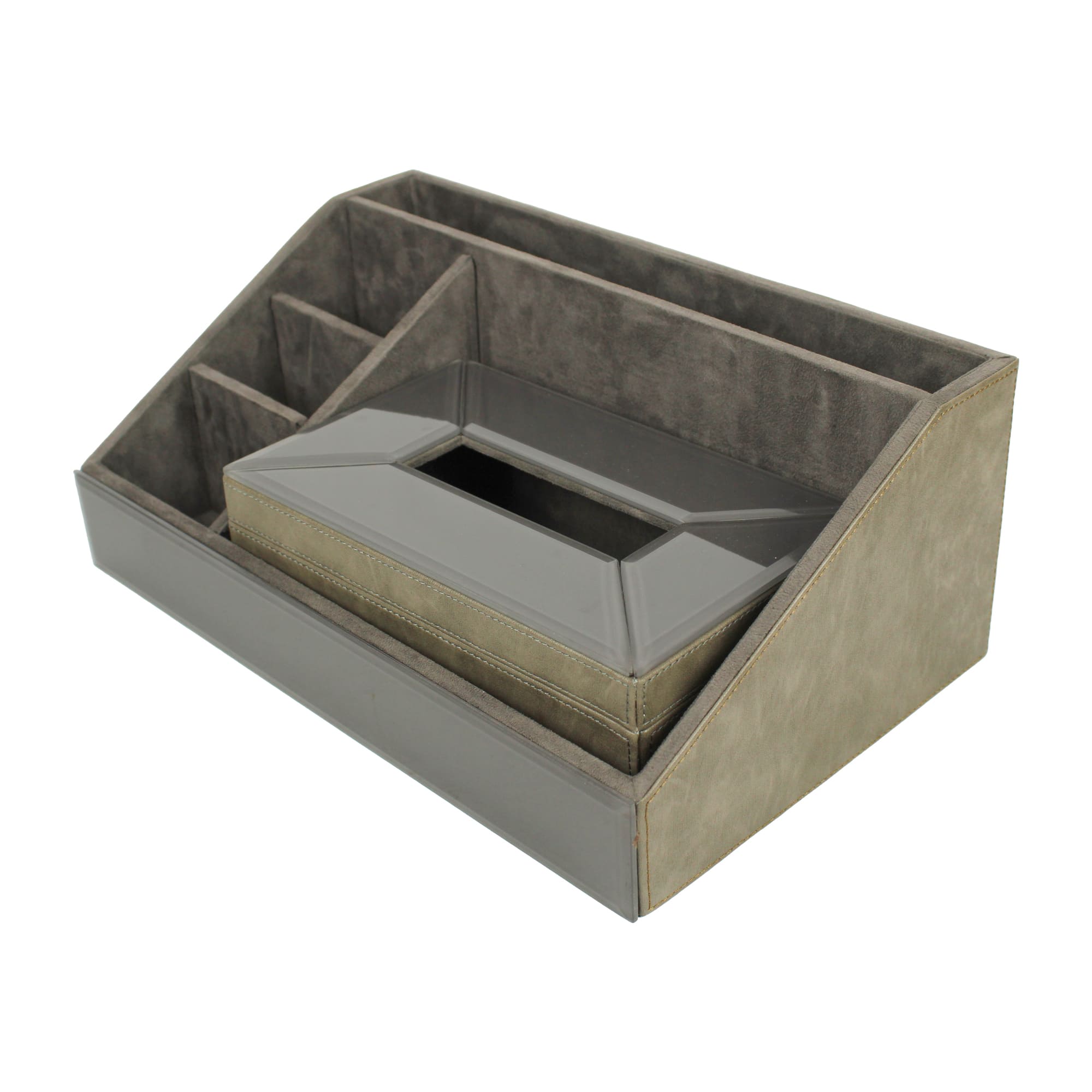 Premium Grey Leatherite Stationery Desk Organizer With Tissue Box