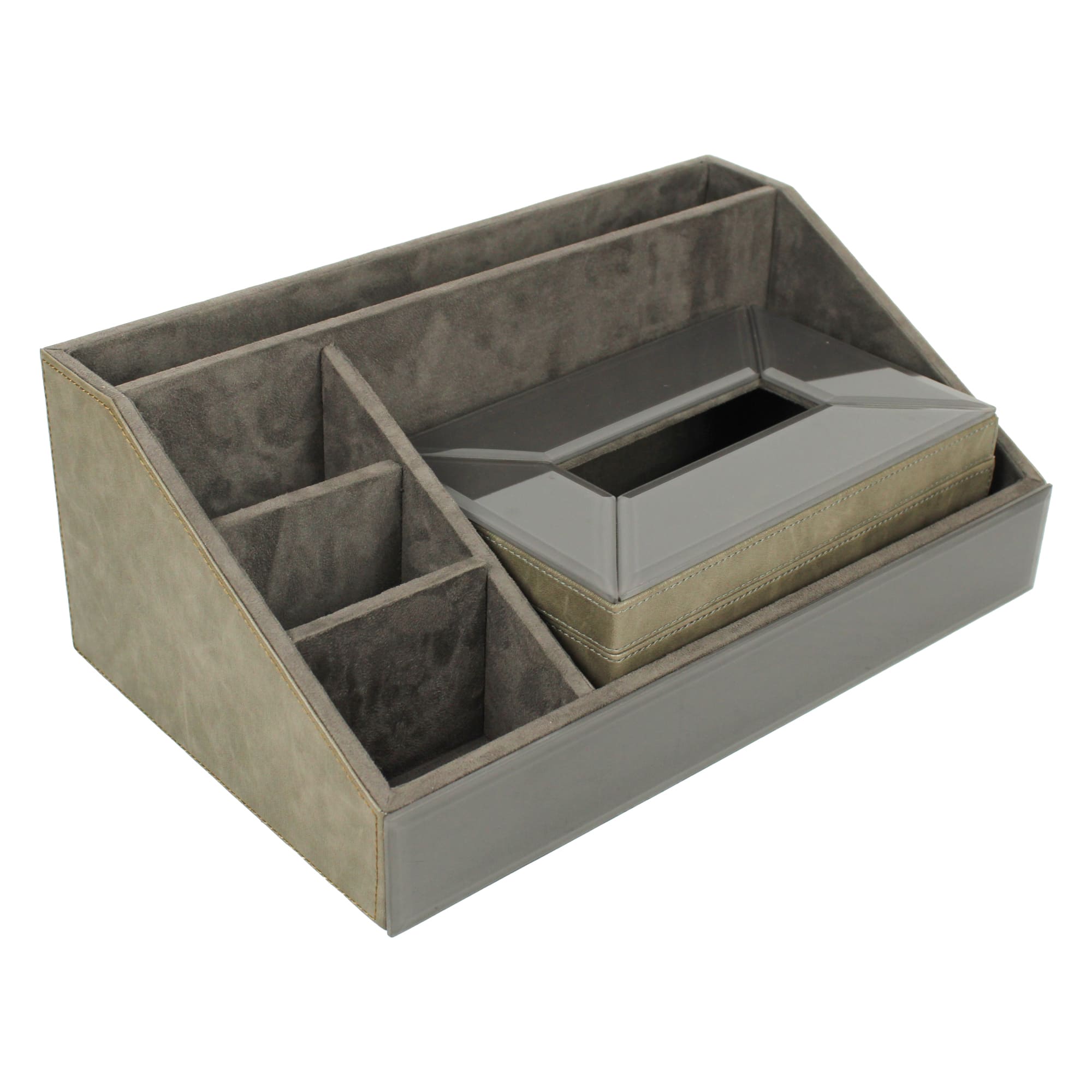 Premium Grey Leatherite Stationery Desk Organizer With Tissue Box