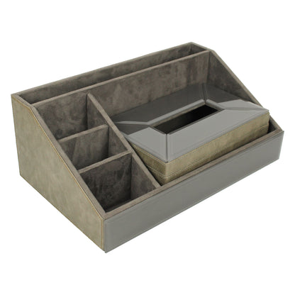 Grey Leatherite Stationery Desk Organizer With Tissue Box