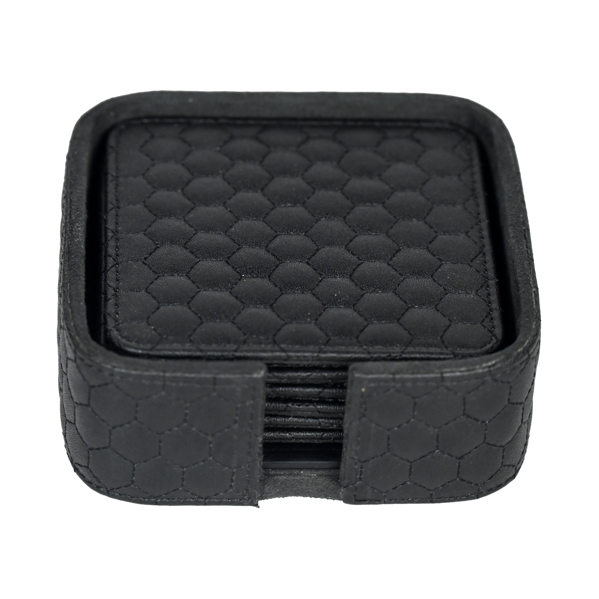 Black Premium Leatherite Coaster Set of Six with Caddy Tray