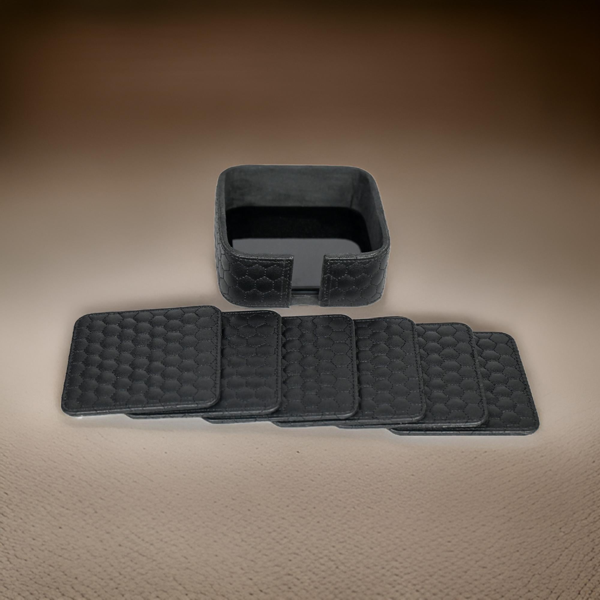 Black Premium Leatherite Coaster Set of Six with Caddy Tray