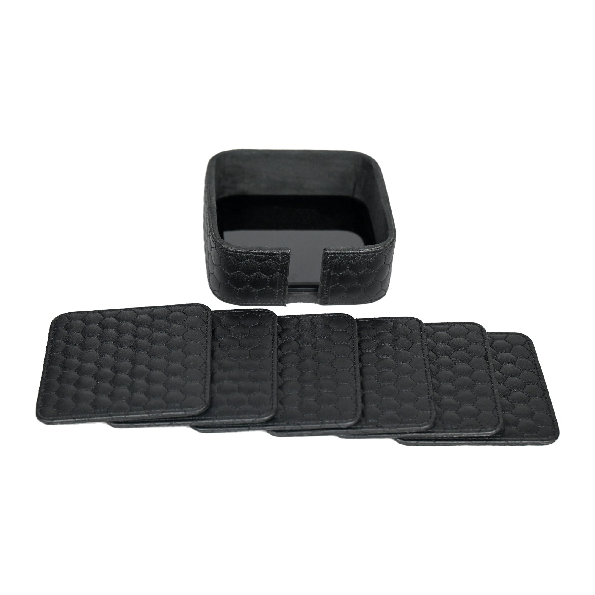 Black Premium Leatherite Coaster Set of Six with Caddy Tray