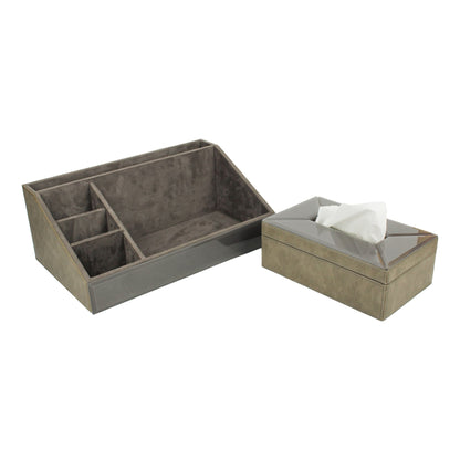 Grey Leatherite Stationery Desk Organizer With Tissue Box