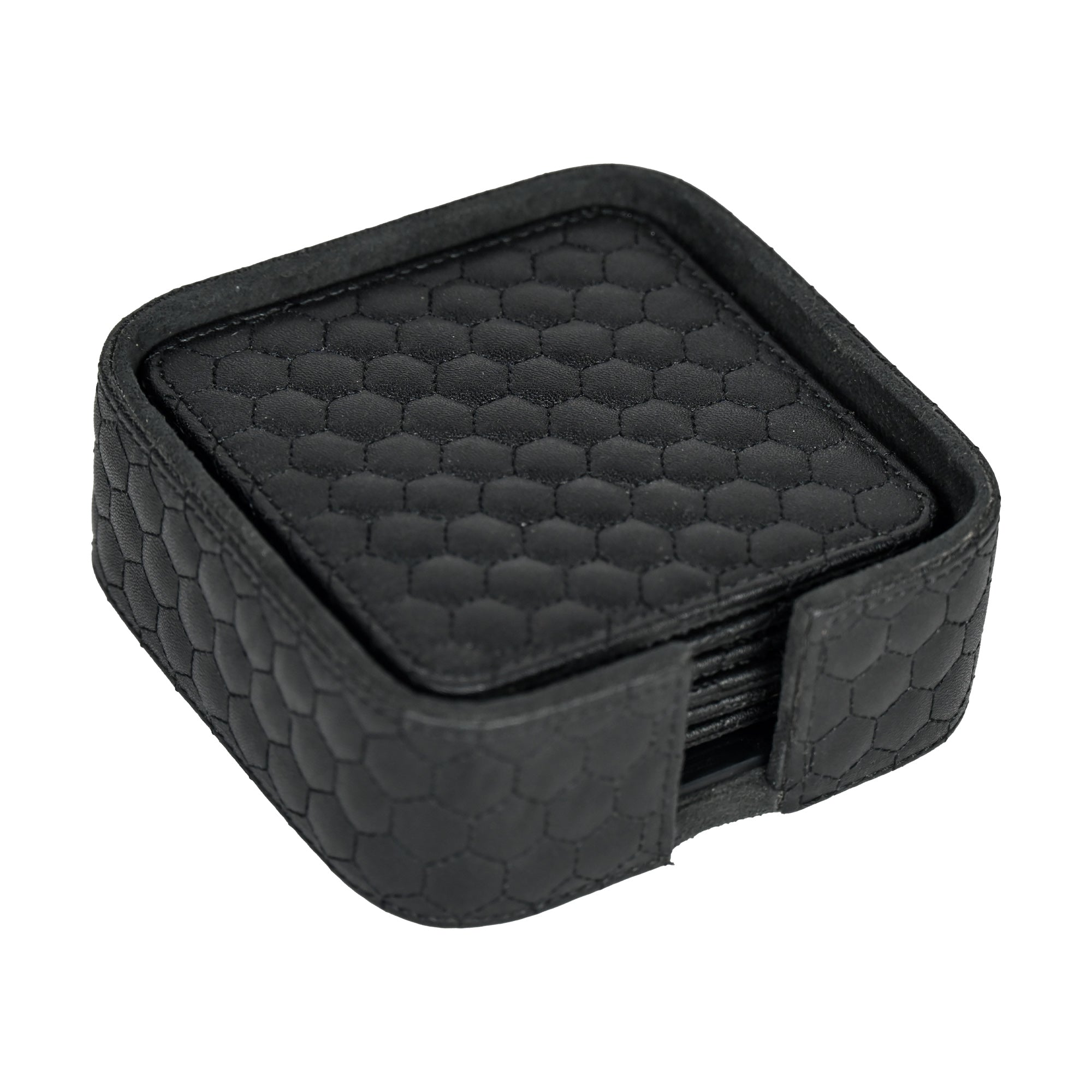 Black Premium Leatherite Coaster Set of Six with Caddy Tray