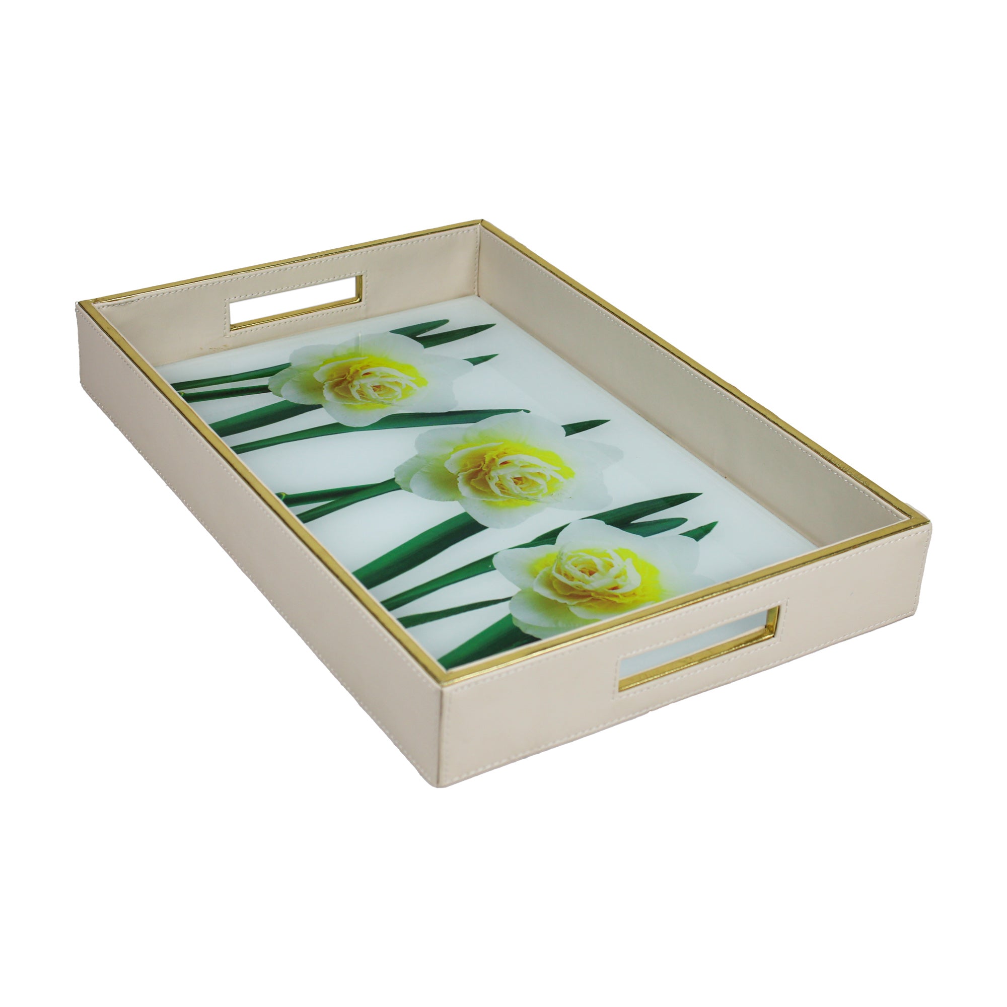 Rose Flower printed Glass and Leatherite Serving Tray