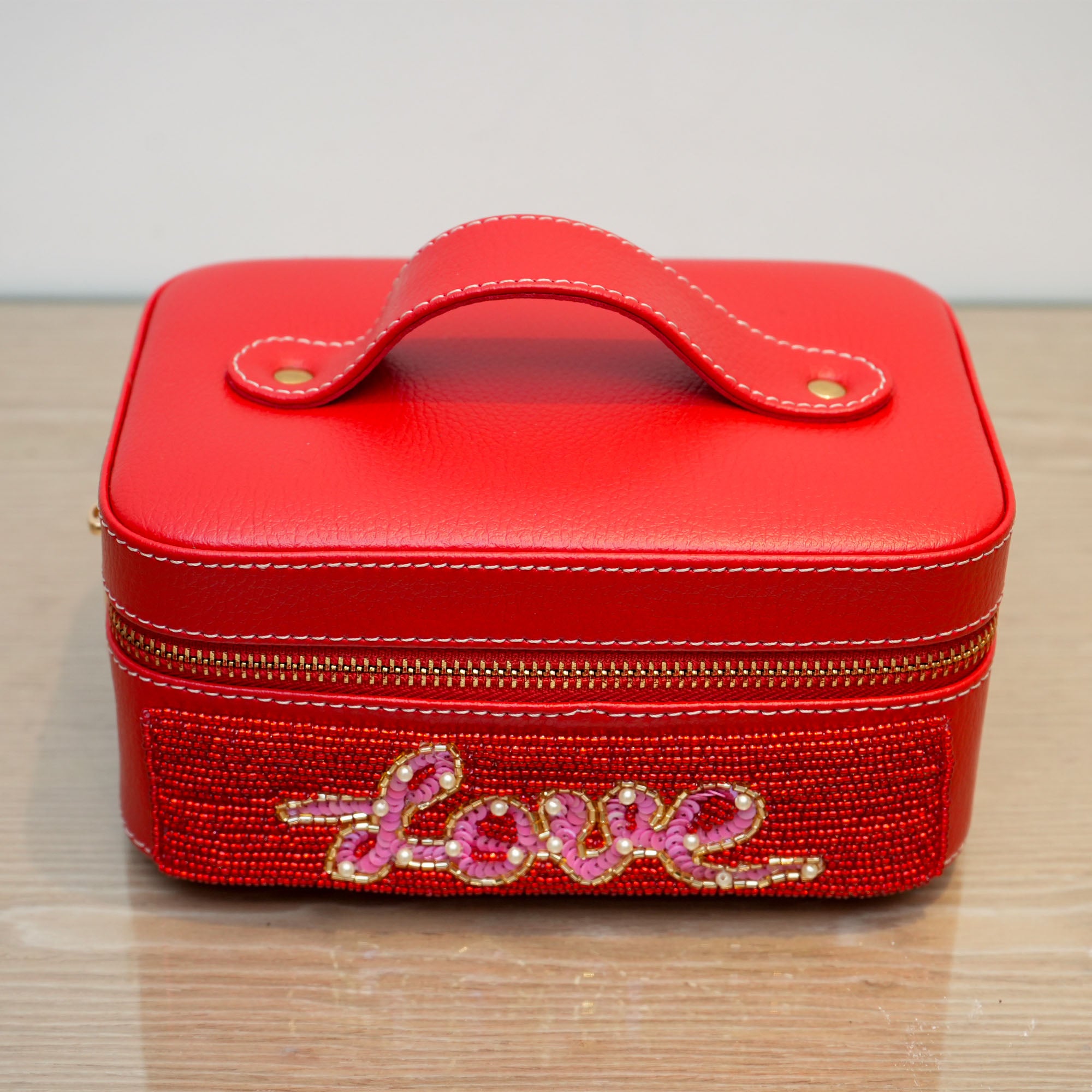 Hand Embroidered Red PU, Make up case | It is a good choice for a Valentine gift