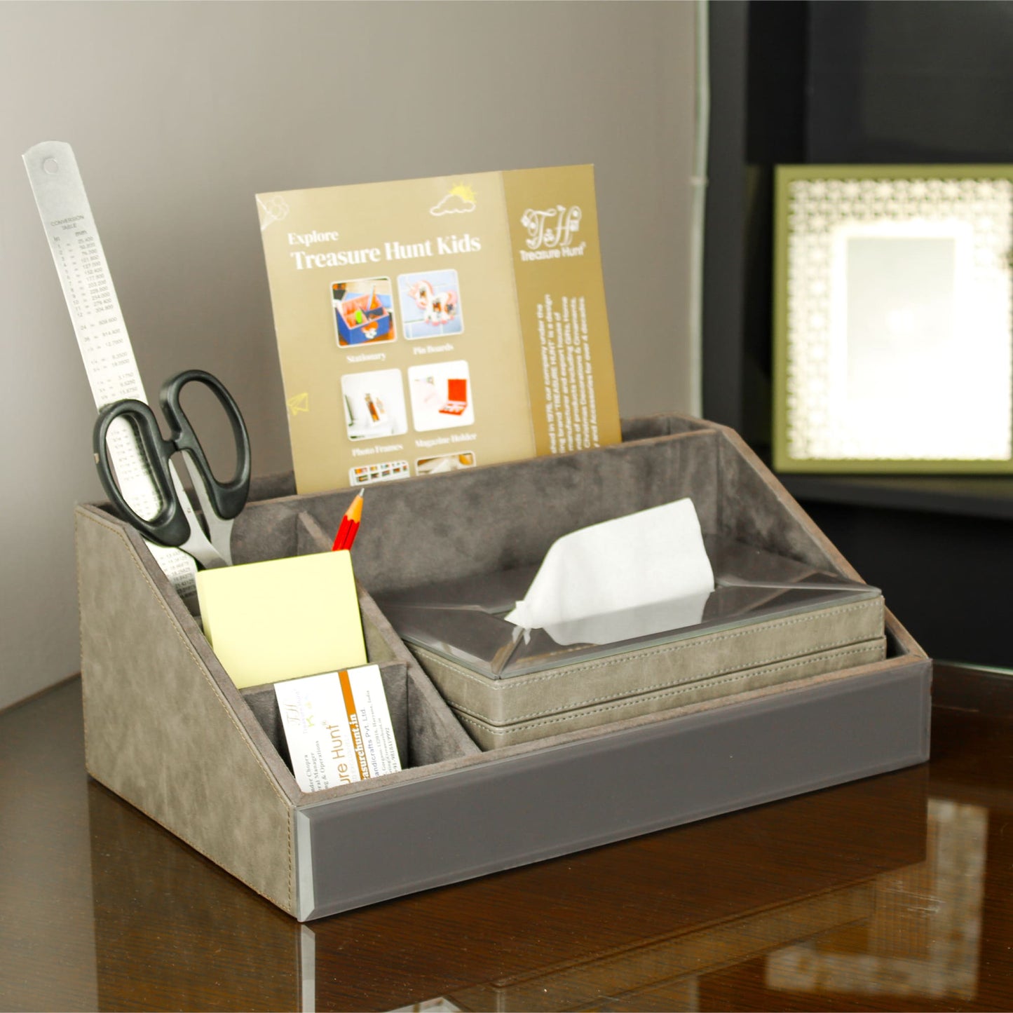 Grey Leatherite Stationery Desk Organizer With Tissue Box