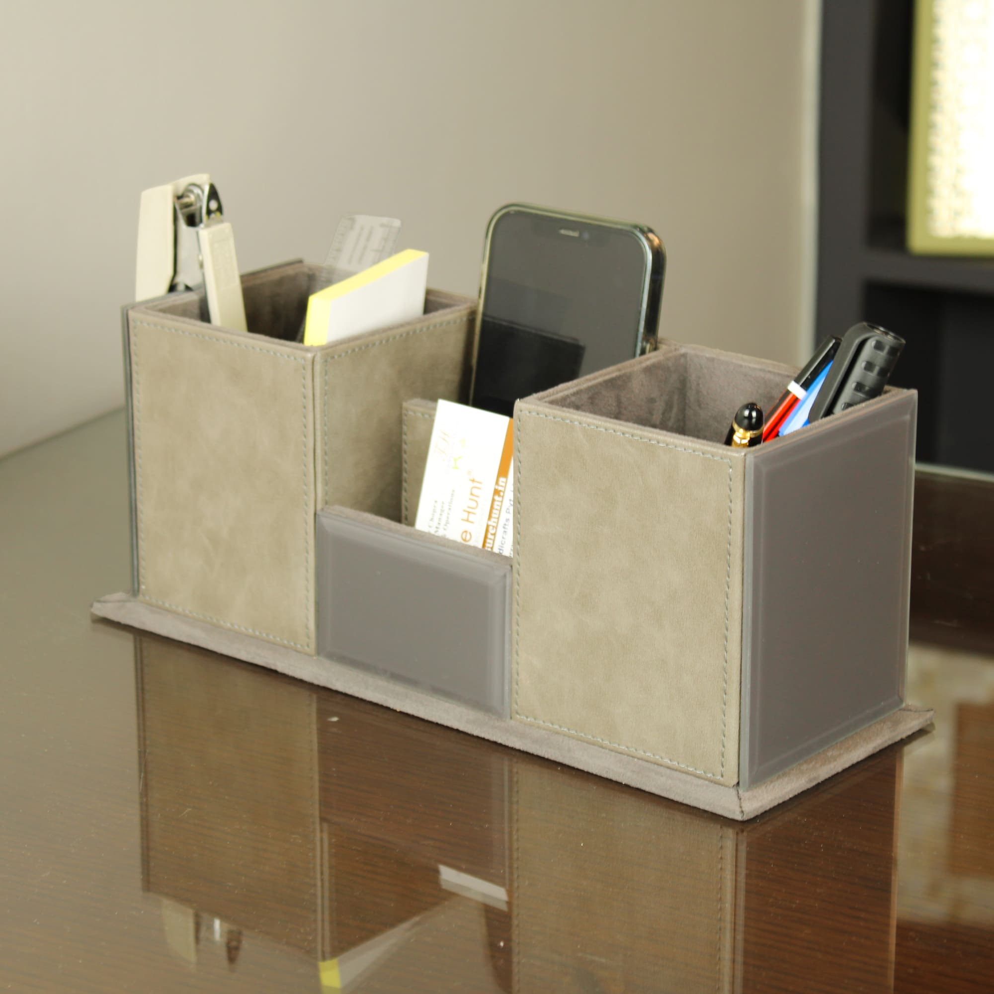 Premium Grey Leatherite Desk Organizer