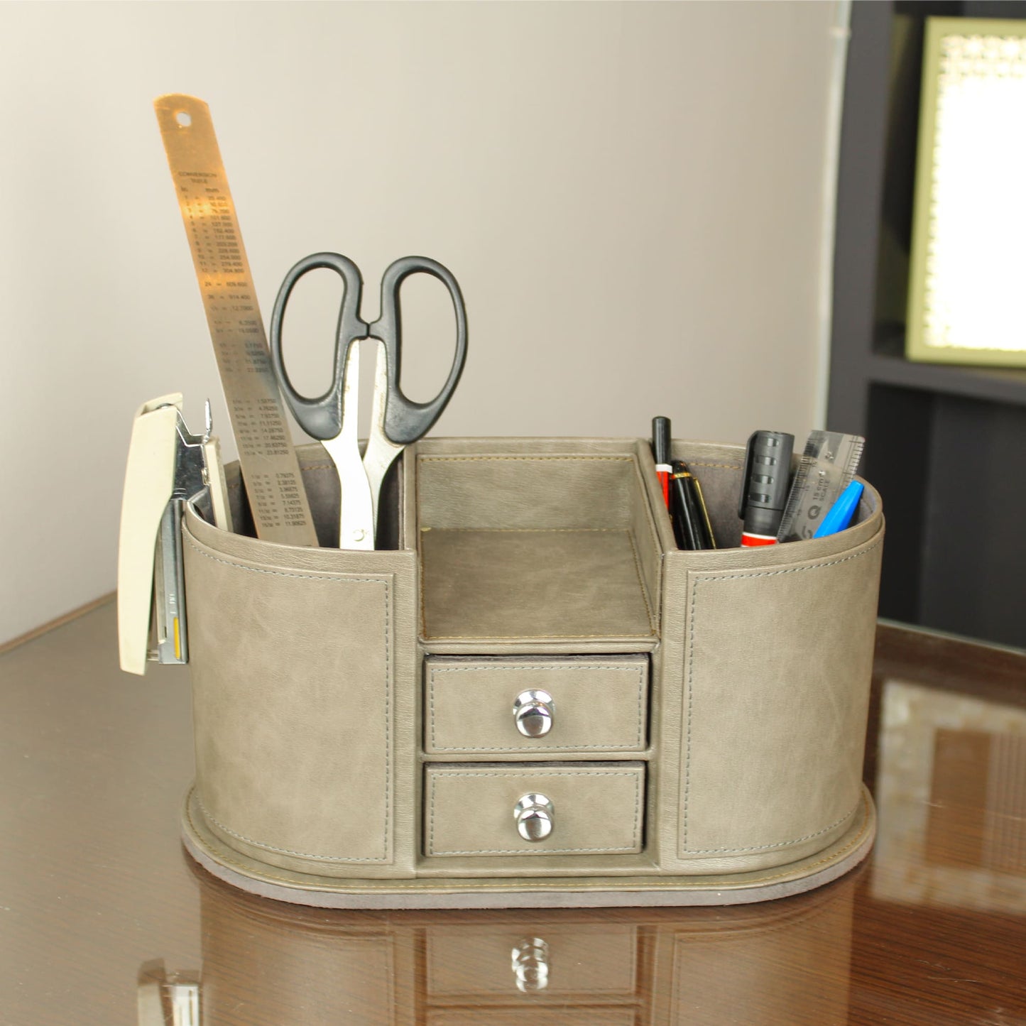 Grey Leatherite Desk Organizer With Drawer