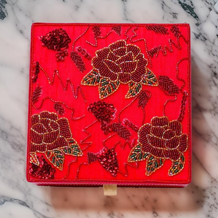  Embroidered Red Rose Design Jewellery Box 