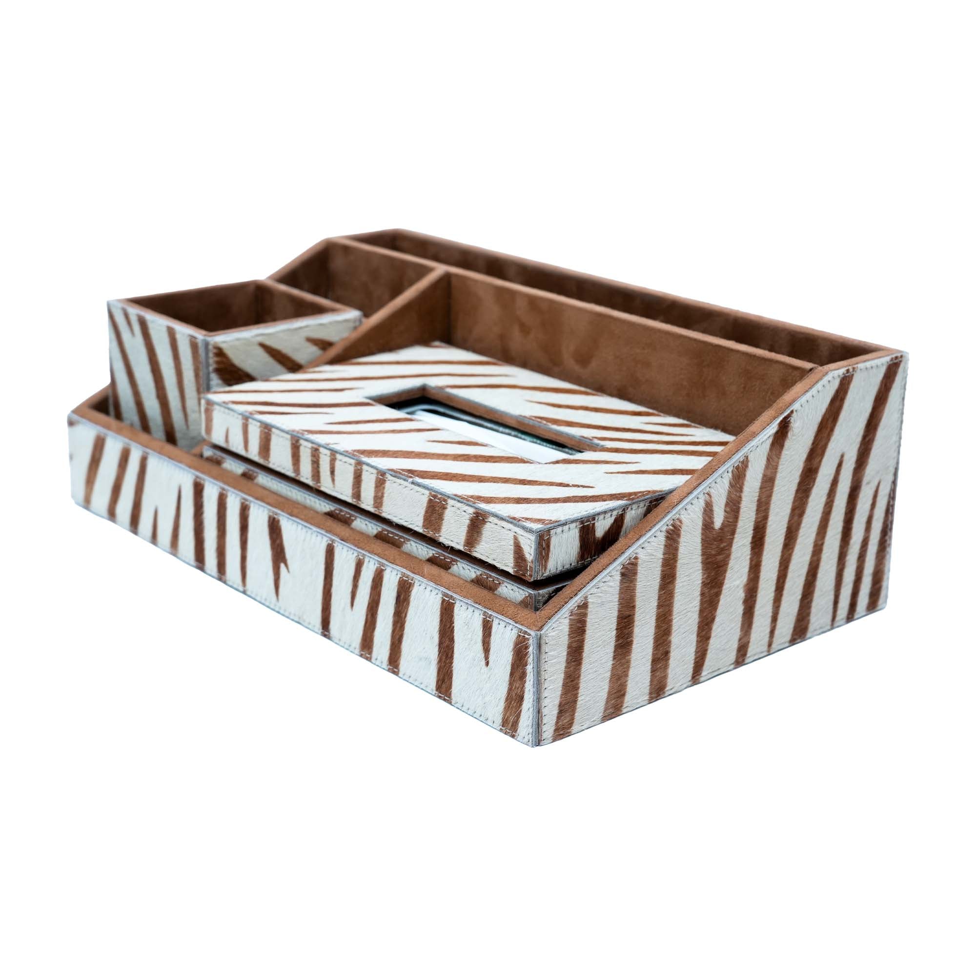 Premium Brown White Stationery Desk Organizer With Tissue Box
