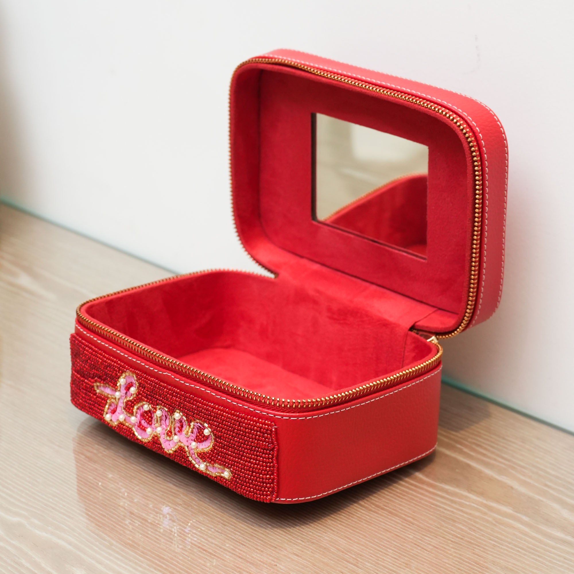 Hand Embroidered Red PU, Make up case | It is a good choice for a Valentine gift